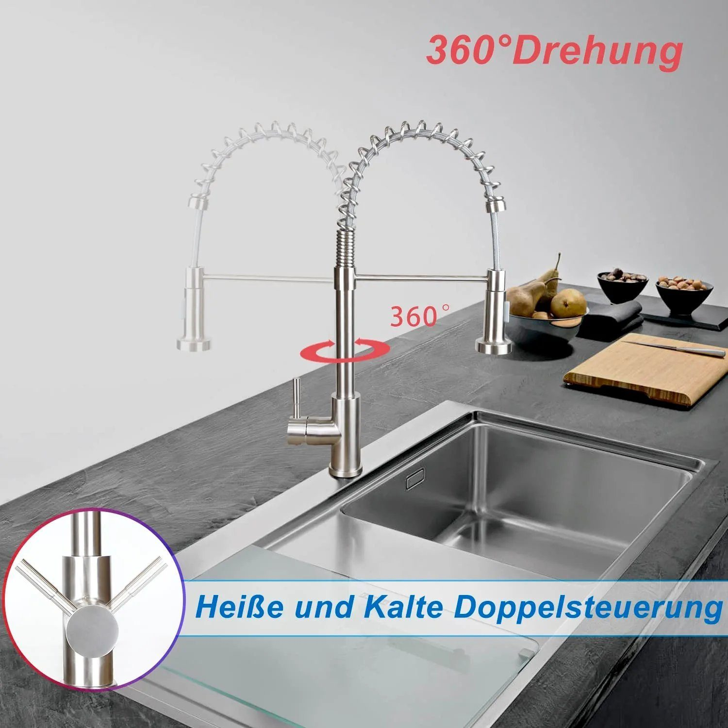 Ein schwarzer Wasserhahn mit flexibler Feder, drehend, und ein Waschbecken mit Warm- und Kaltwasserregelung.