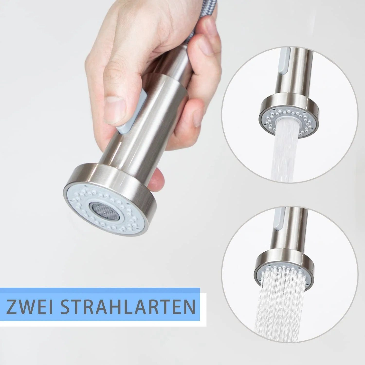 Hand hält einen Wasserhahn mit zwei Sprühmodi. Zwei Wasserstrahlen sind gezeigt.