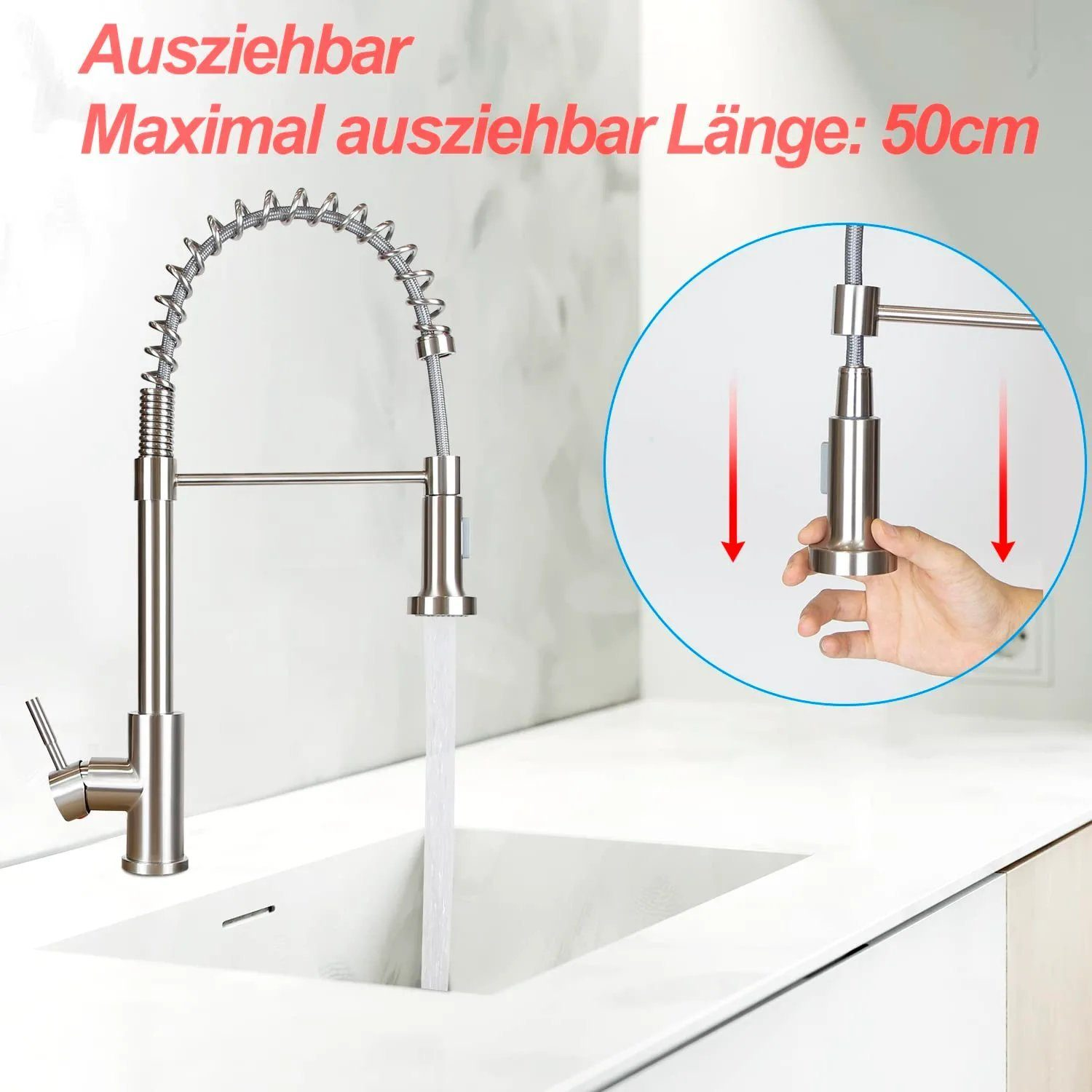 Küchenarmatur mit ausziehbarem Schlauch, Wasser fließt in ein Waschbecken. Text zeigt die ausziehbare Länge.