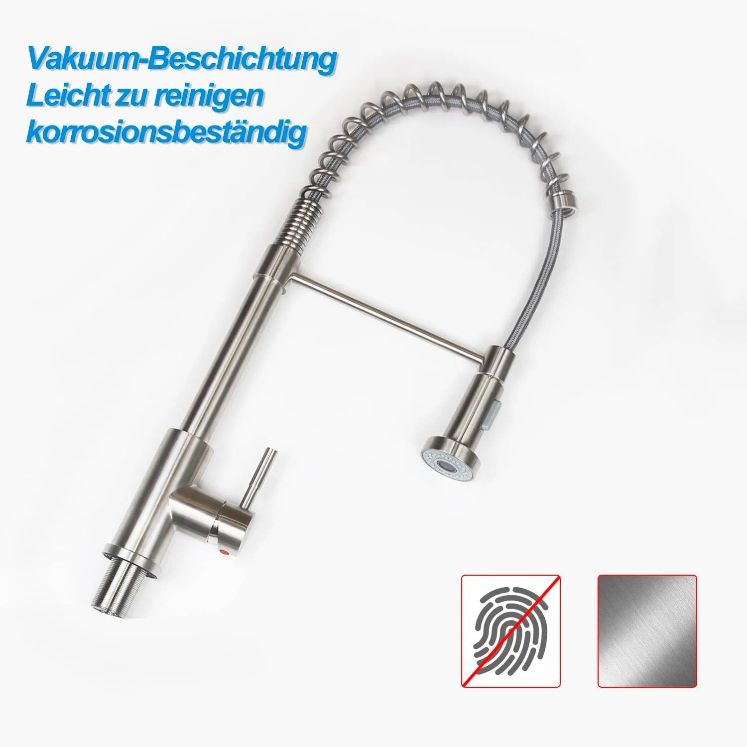 Eine Küchenarmatur aus Edelstahl. Sie hat eine flexible Feder und einen Griff an der Seite.