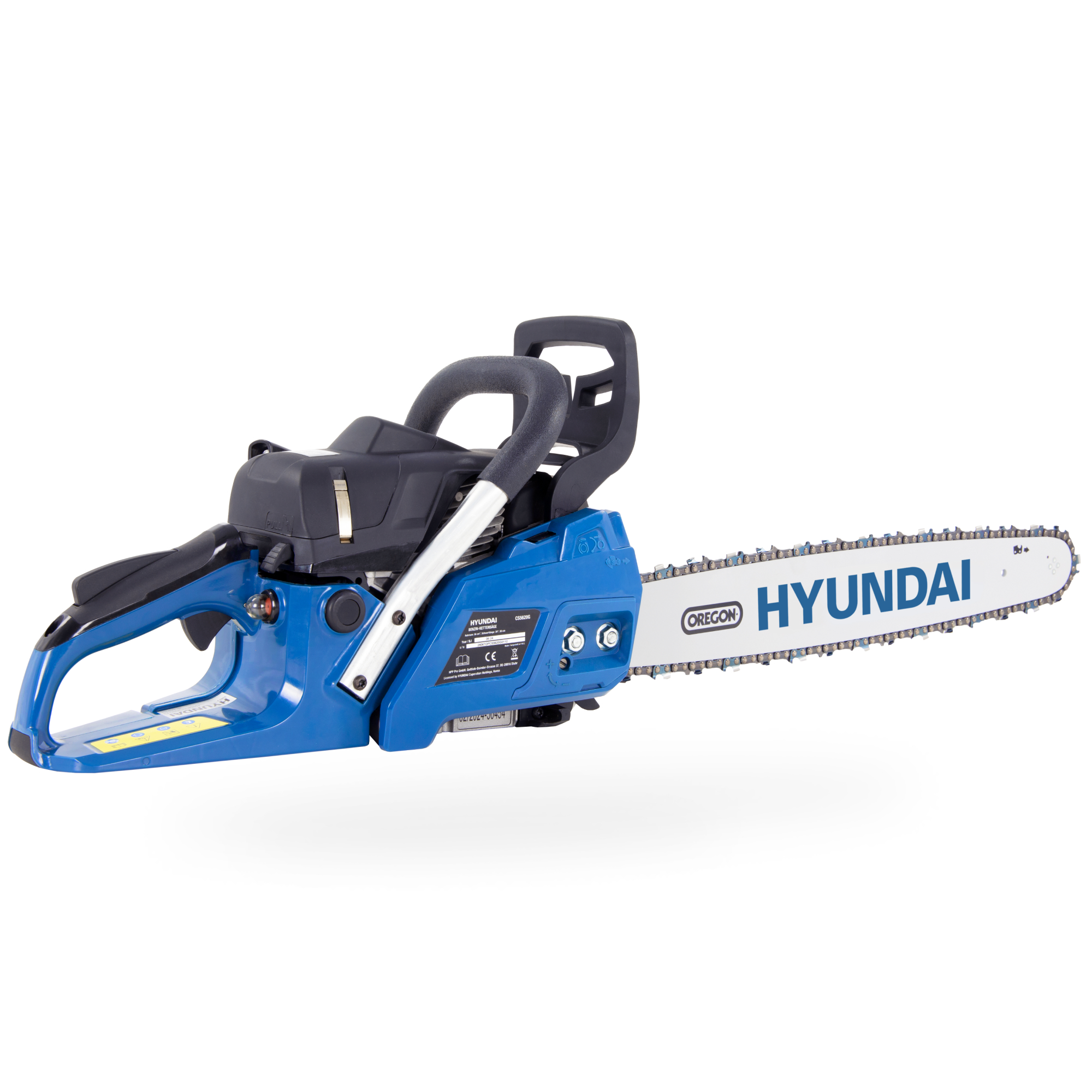 Blaue Hyundai-Kettensäge mit silberner Klinge und schwarzem Griff.