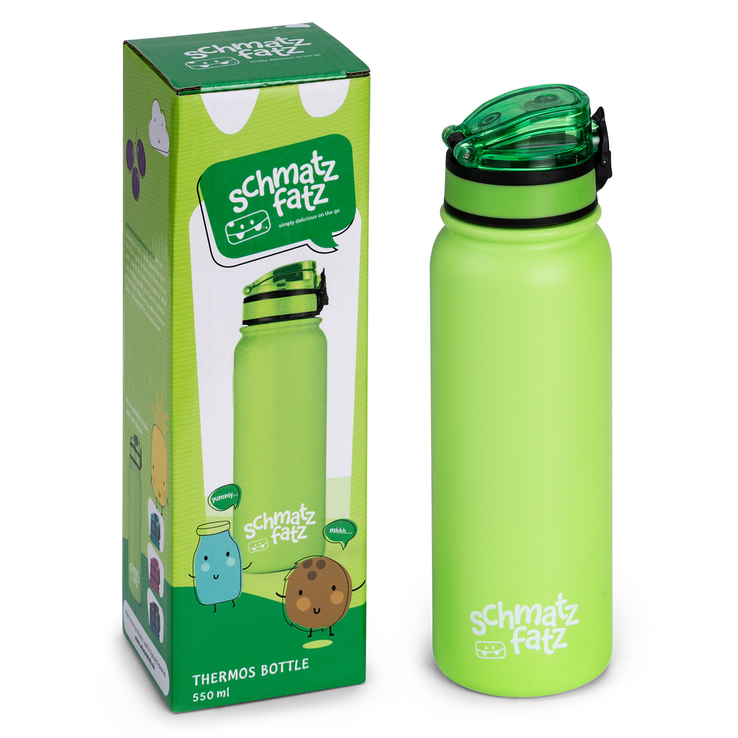 Grüne Thermosflasche und Box mit Illustrationen. Weißer Hintergrund.