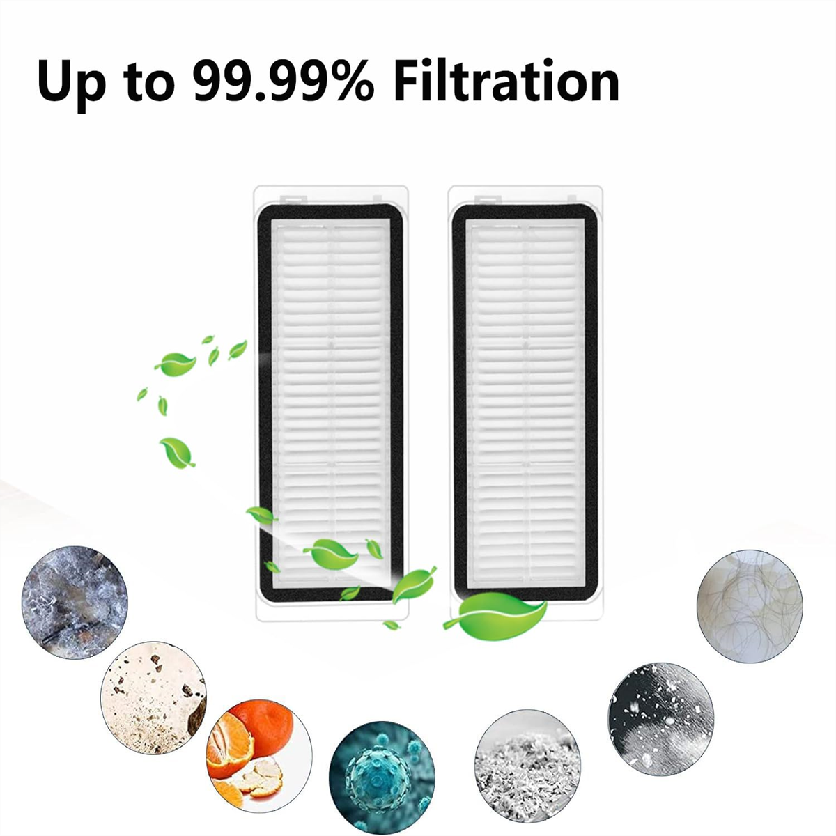 Zwei weiße Filter in schwarzen Rahmen, Text "Up to 99.99% Filtration". Weißer Hintergrund mit Blättern.