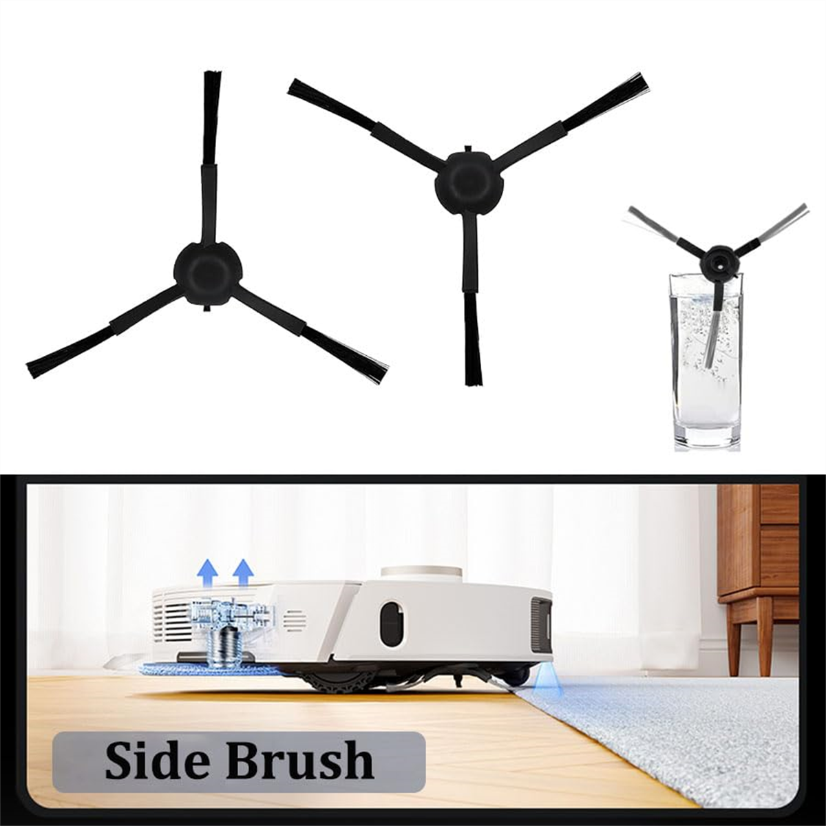 Seitenbürsten des Roboter-Staubsaugers und ein Roboter-Staubsauger auf einem Holzboden.