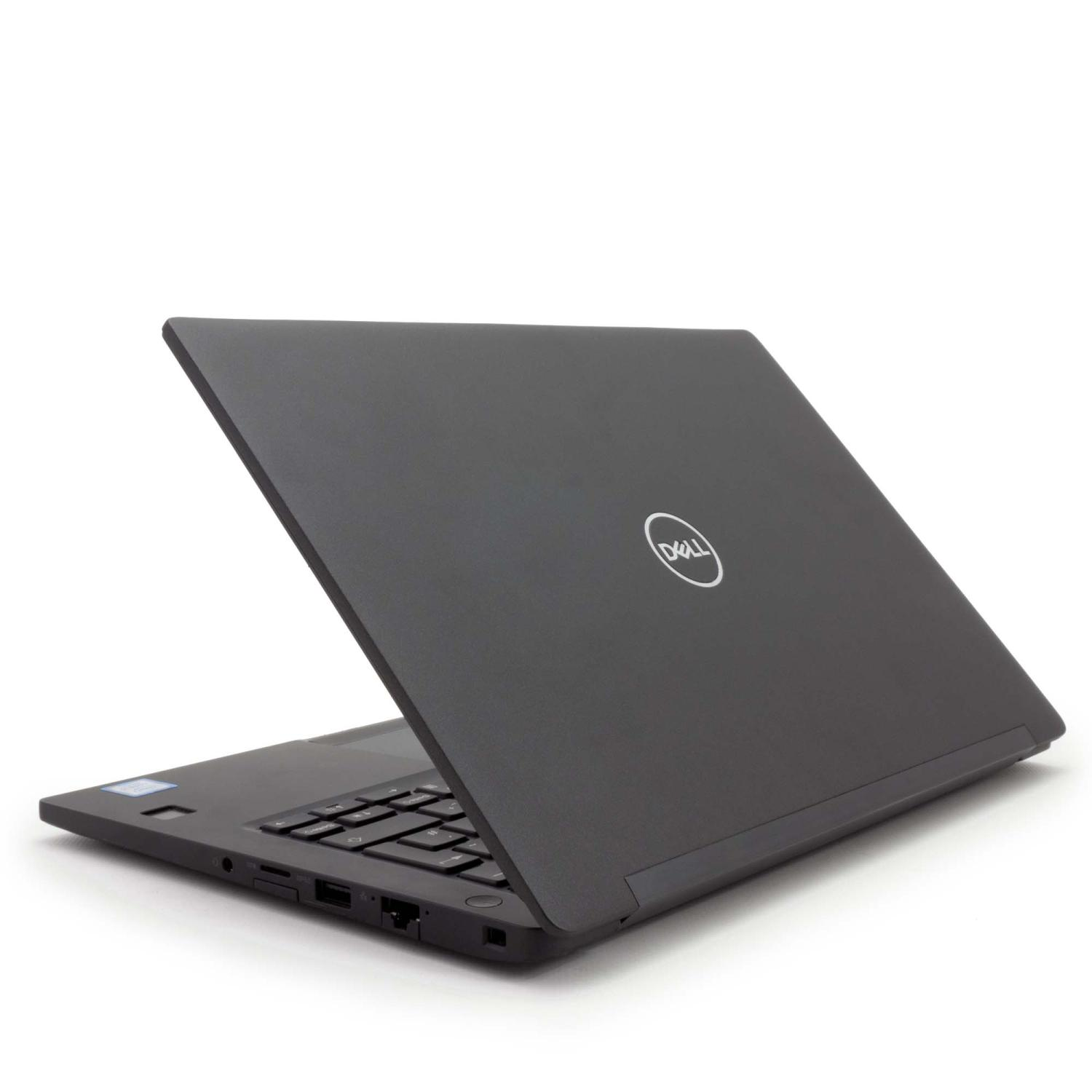 Dunkelgrauer Laptop mit offenem Deckel, zeigt Tastatur und Dell-Logo auf der Rückseite.
