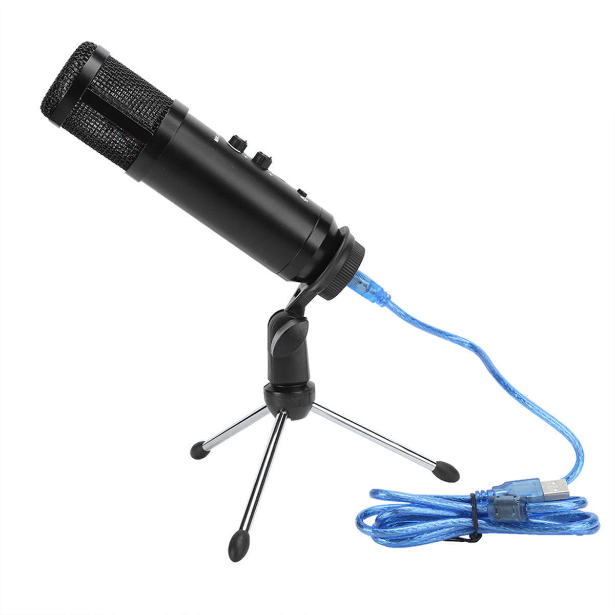 Schwarzes Mikrofon auf einem Stativ. Ein blaues USB-Kabel ist angeschlossen.