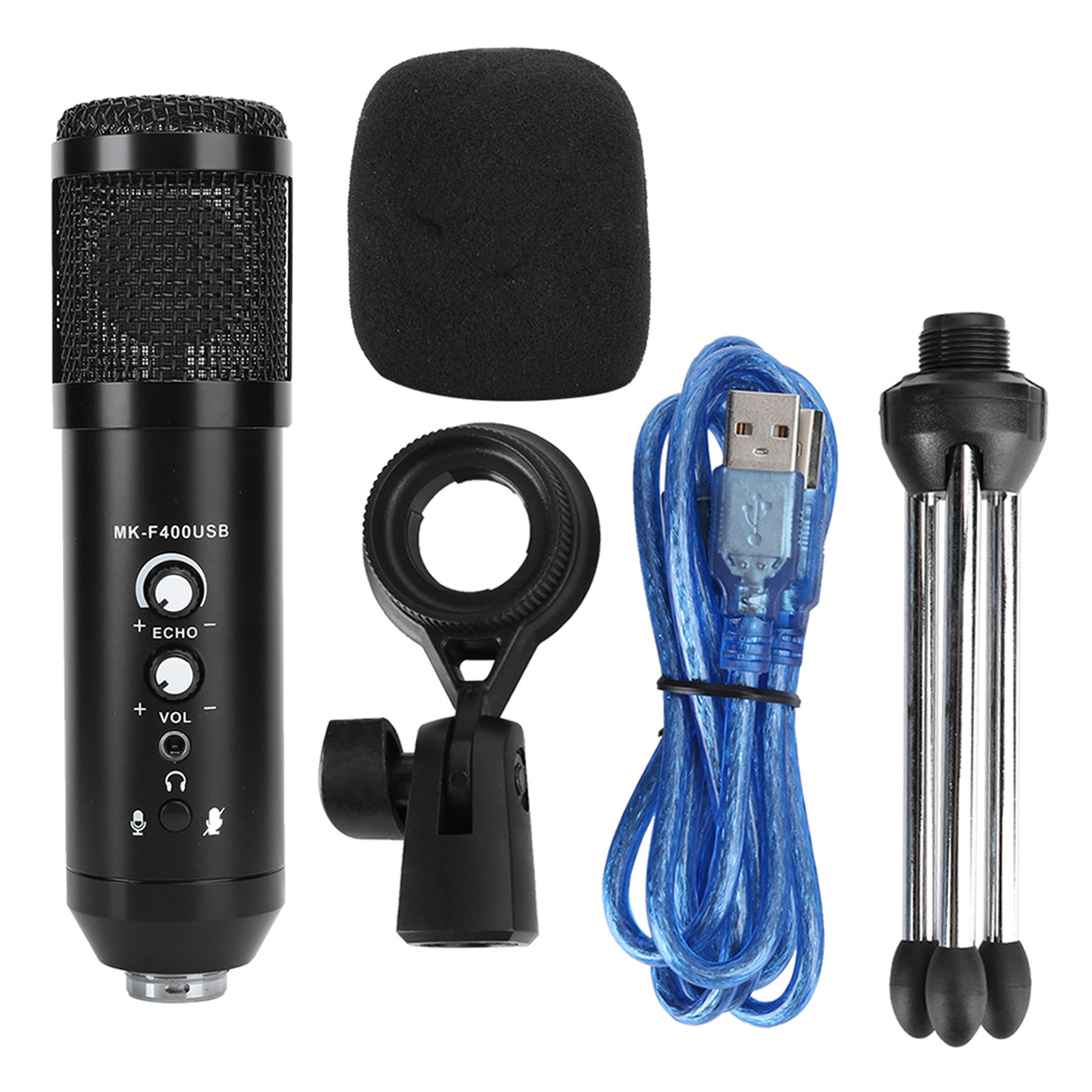 Schwarzes Mikrofon mit Pop-Filter, Ständer, Halterung und blauem USB-Kabel.