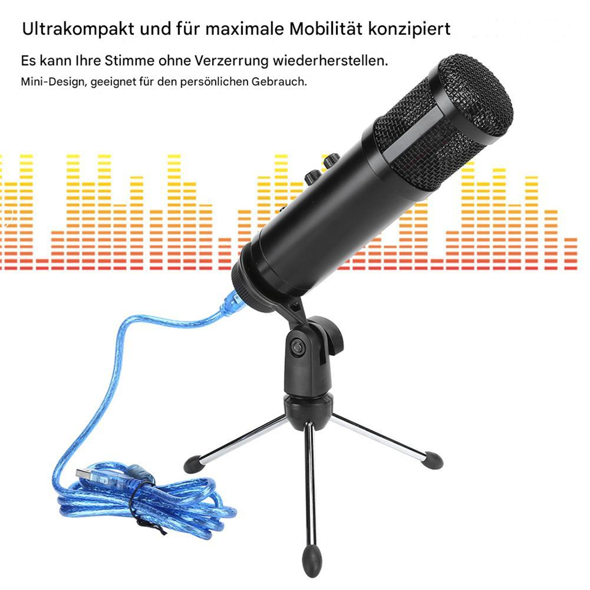 Ein schwarzes Mikrofon auf einem kleinen Stativ mit einem blauen USB-Kabel. Eine Schallwellengrafik befindet sich im Hintergrund.