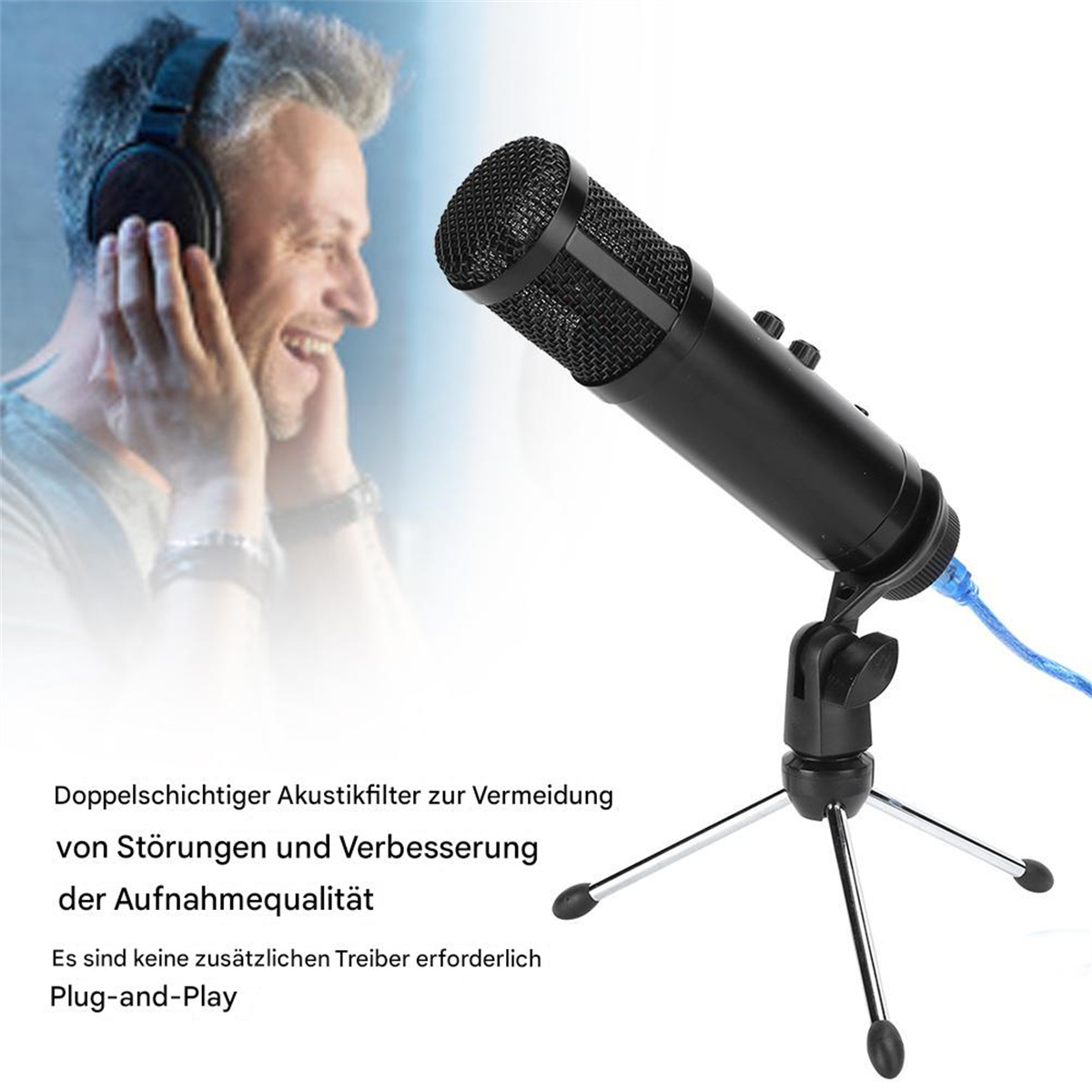 Ein schwarzes Mikrofon auf einem Stativ mit einem Mann mit Kopfhörern im Hintergrund.