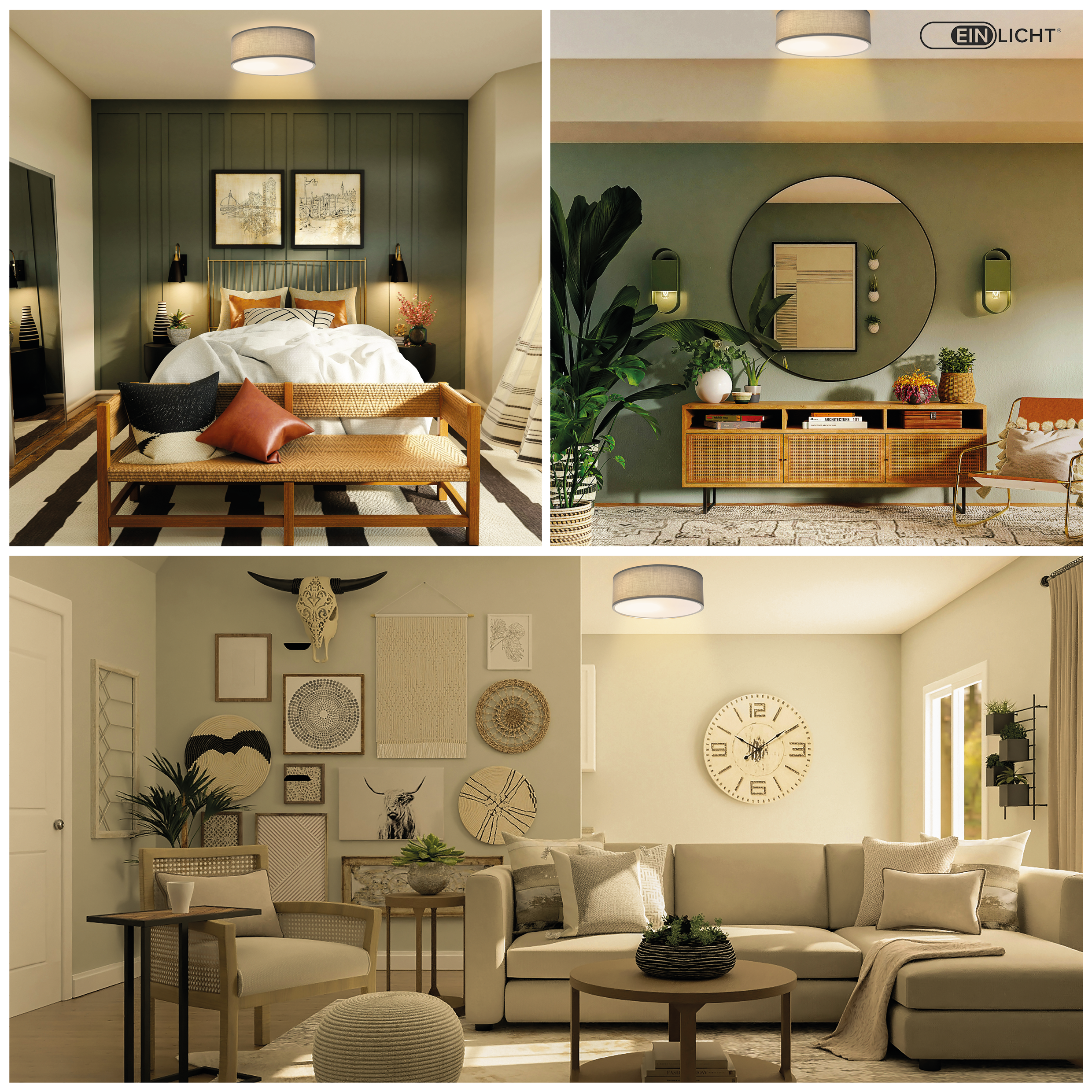 Vier Innenraum-Bilder mit Schlafzimmer, Wohnzimmer und Esszimmer.