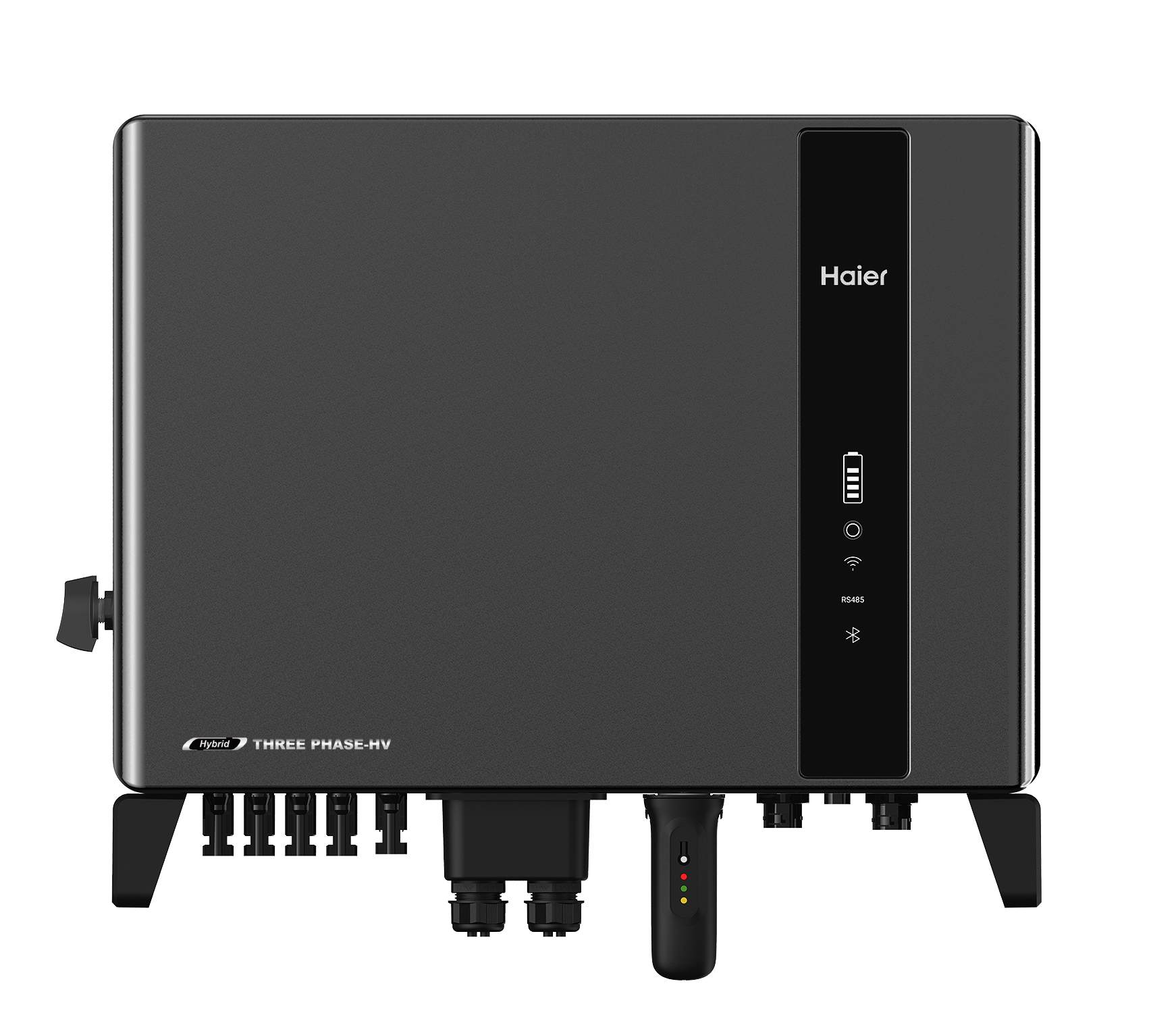 Schwarzer Haier Hybrid-Wechselrichter mit Display und Anschlüssen. Dunkler Hintergrund.