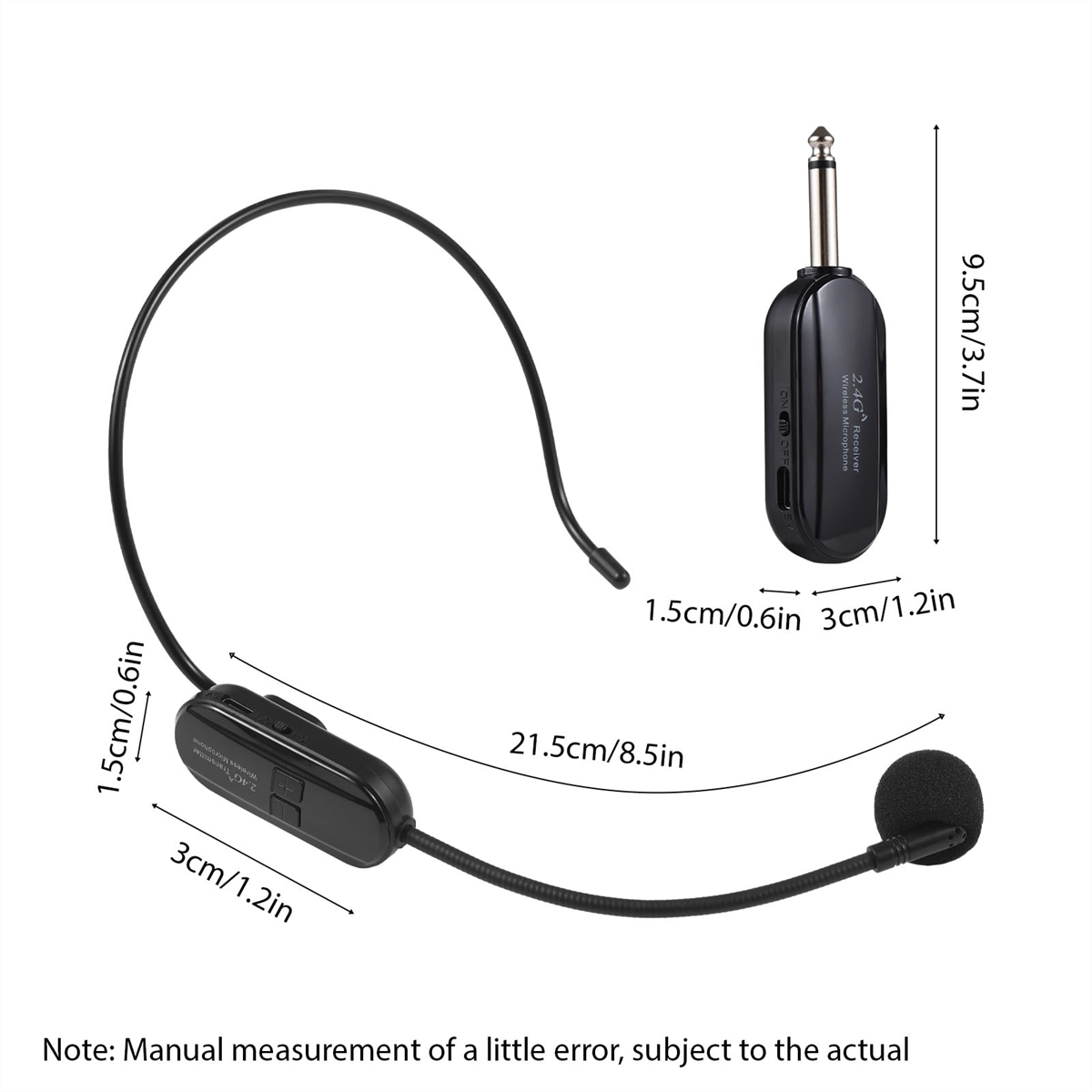 Ein schwarzes Mikrofon-Headset mit angegebenen Abmessungen. Es umfasst ein Mikrofon, eine Steuereinheit und einen Stecker.