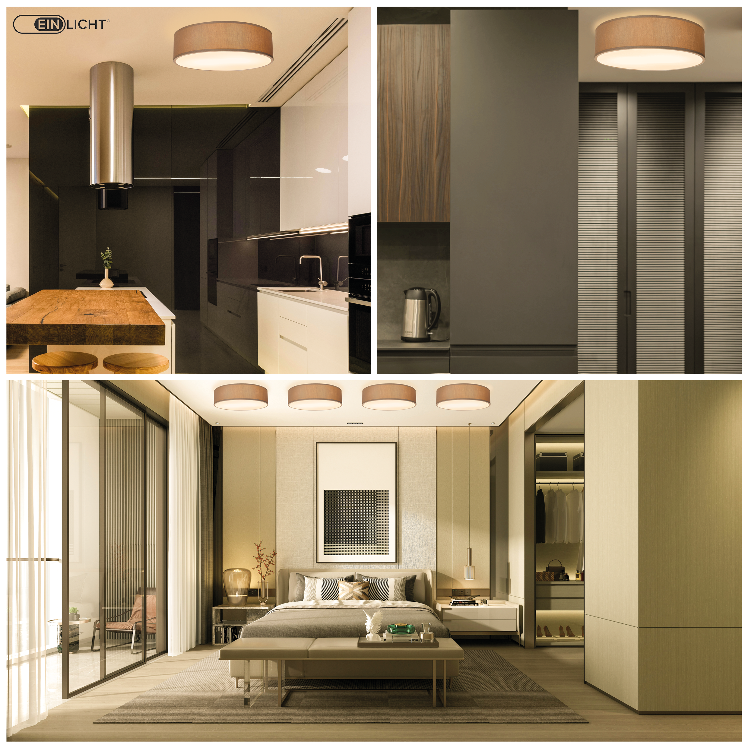 Vier Innenansichten eines modernen Apartments. Enthält Küche, Schlafzimmer und Wohnräume mit Lichtern.