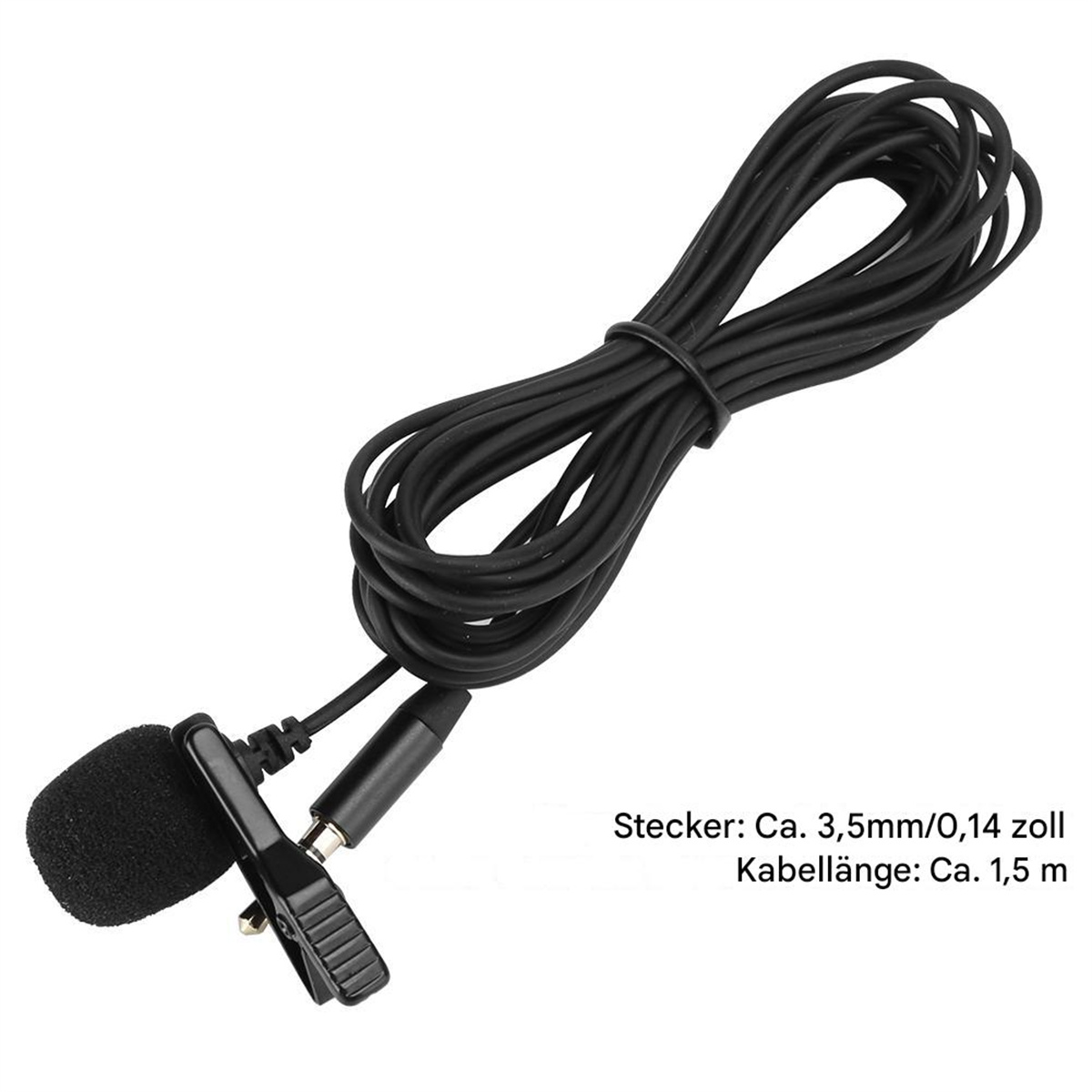 Ein schwarzes Mikrofon mit Clip und Kabel, mit Text, der die Anschlussgröße und die Kabellänge angibt.