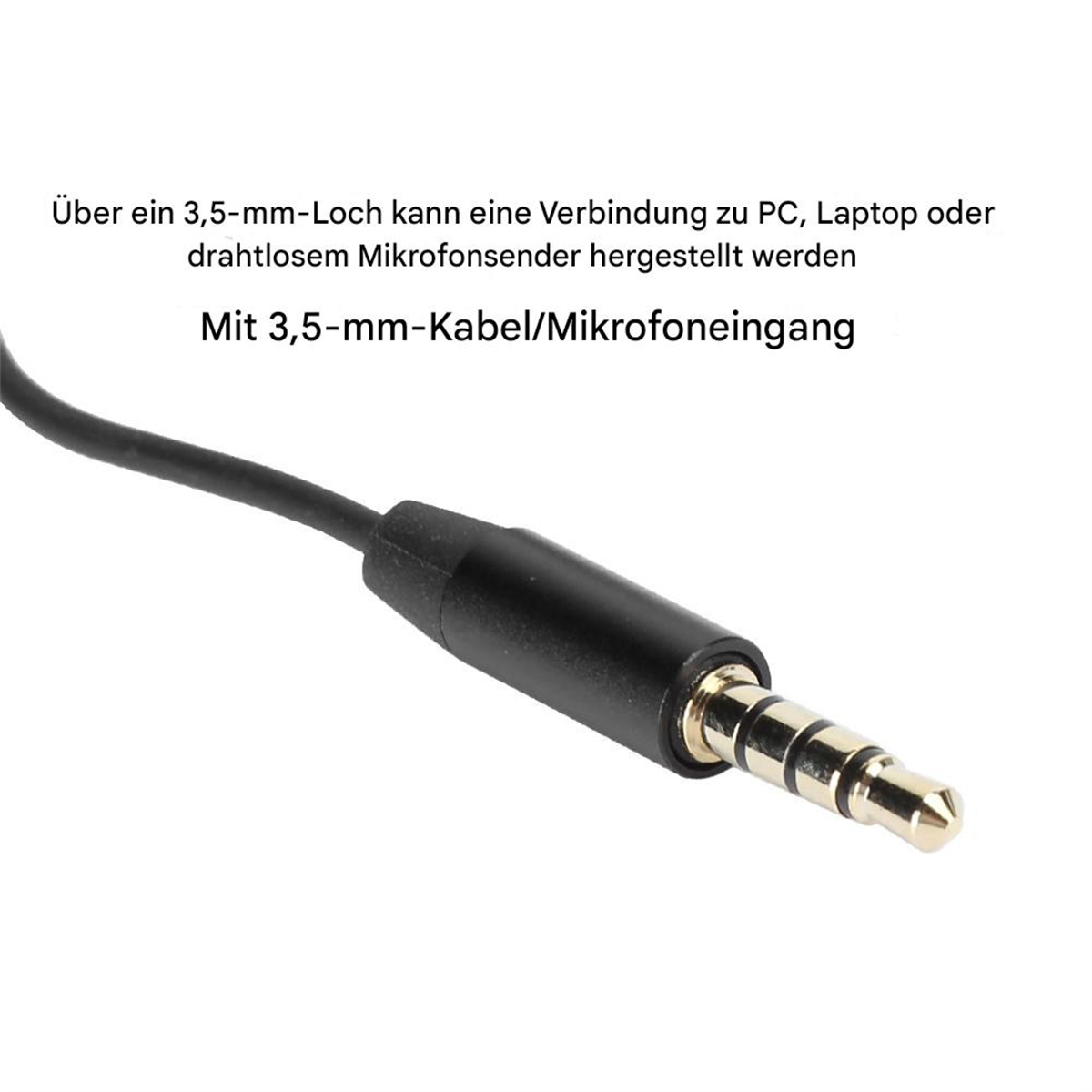 Schwarzes Audiokabel mit 3,5-mm-Anschluss auf weißem Hintergrund mit deutschem Text.