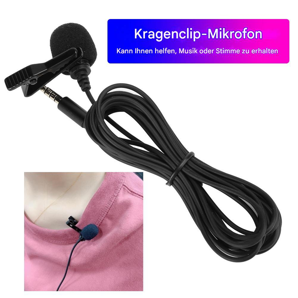 Ein schwarzes Reversmikrofon mit Kabel. Es ist an einem Kragen und einer Person befestigt.