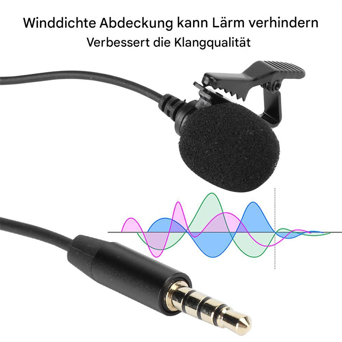 Schwarzes Mikrofon mit Clip und Kabel. Ein Diagramm von Schallwellen im Hintergrund.