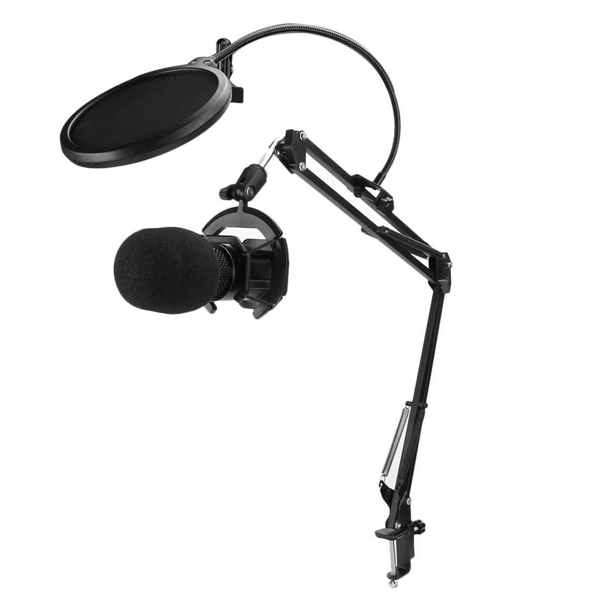 Schwarzes Mikrofon mit Pop-Filter und Ständer. Studioausrüstung, isoliert auf Weiß.