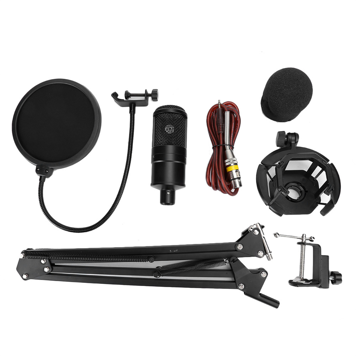 Ein Mikrofon-Set mit Pop-Filter, Stoßdämpfer und Ständer.