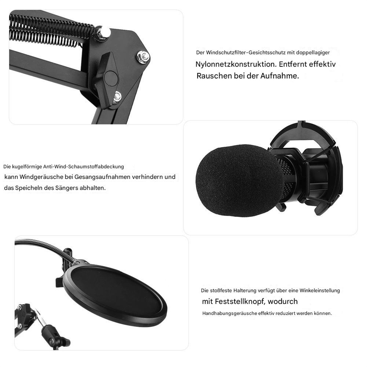 Mikrofonteile: Mikrofon, Pop-Filter und Ständer. Schwarze Farbe. Textbeschreibung. Weißer Hintergrund.