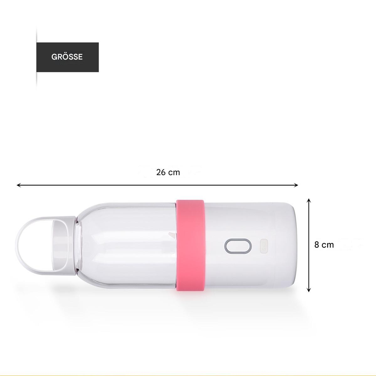 Eine klare Flasche mit rosa Band, 26 cm lang und 8 cm hoch, mit weißem Griff.