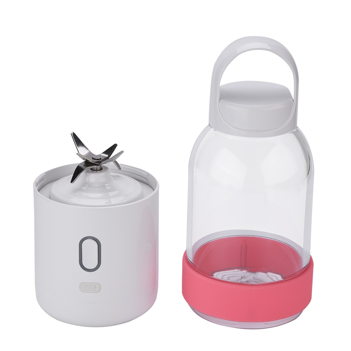 Weißer und rosa tragbarer Mixer mit abnehmbarem Sockel und Klinge auf weißem Hintergrund.