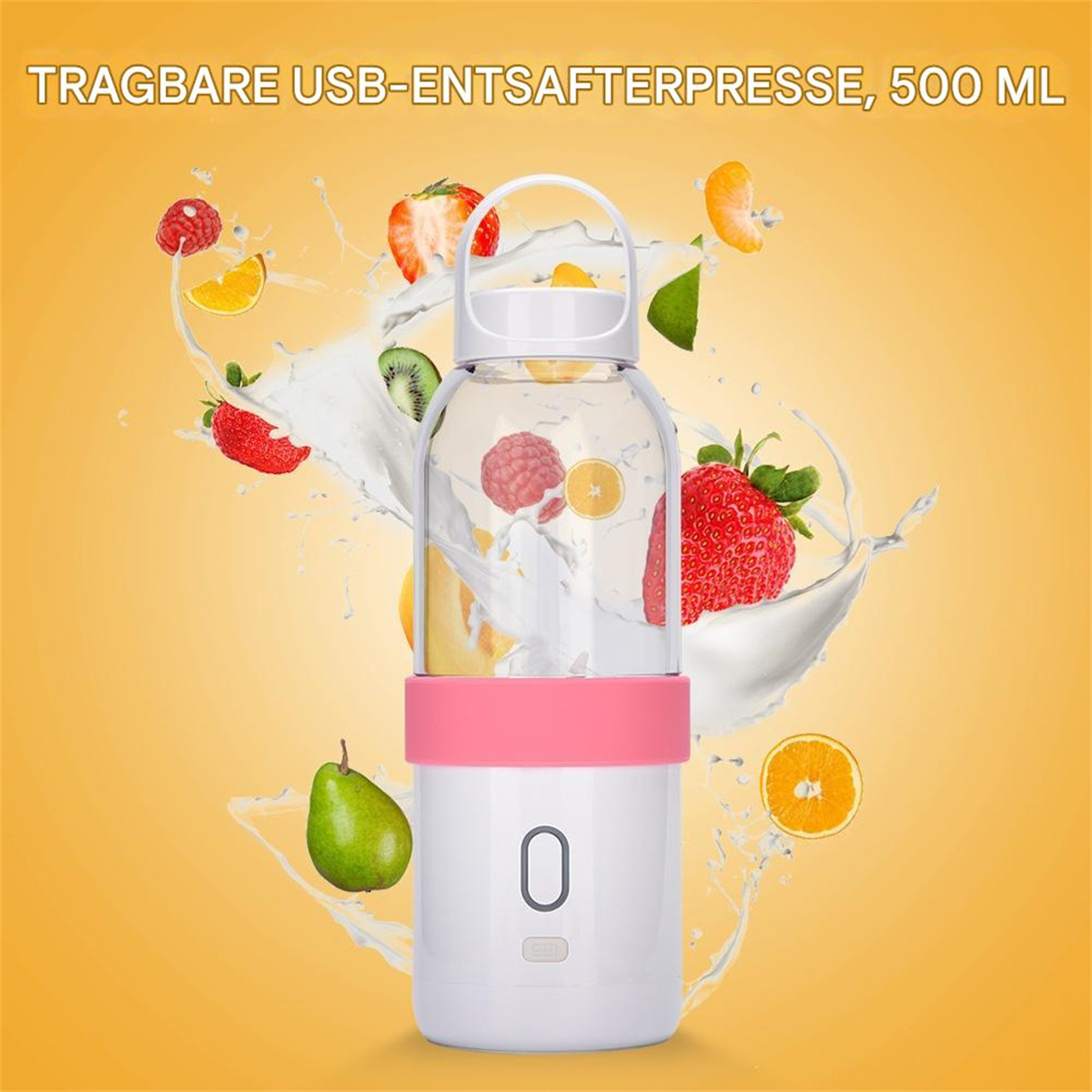 Ein tragbarer USB-Entsafter mit Früchten. Der Mixer ist weiß mit einem pinken Band. Gelber Hintergrund.