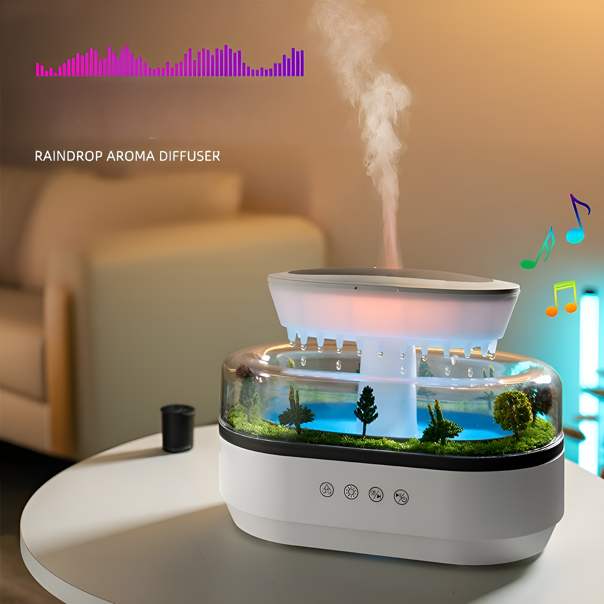 Weißer und klarer Aromadiffusor mit Miniaturlandschaft im Inneren. Noten und Klangwellen Grafiken sind vorhanden.