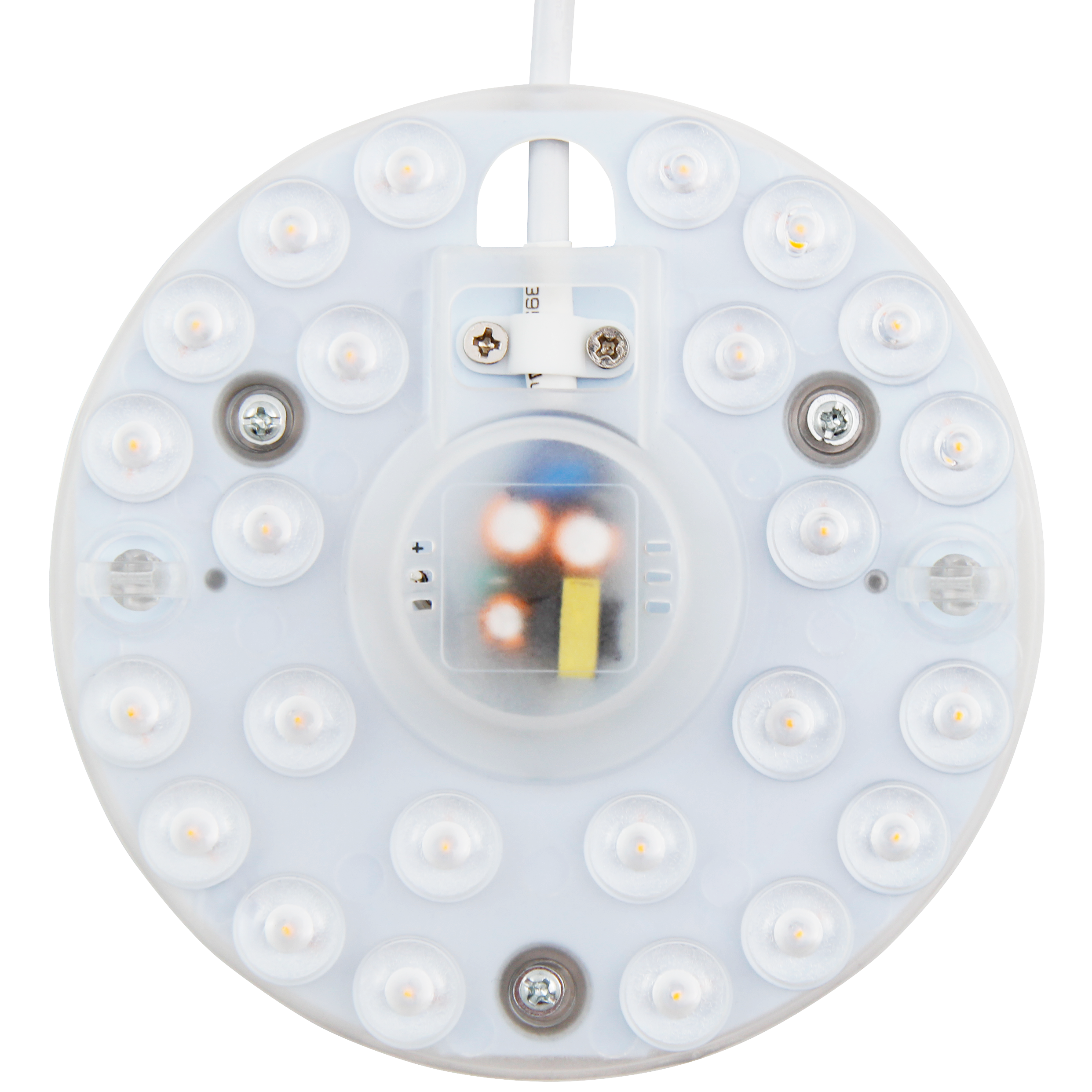 Kreisförmiges LED-Lichtpaneel mit LEDs, transparentem Zentrum und Befestigungsschrauben.
