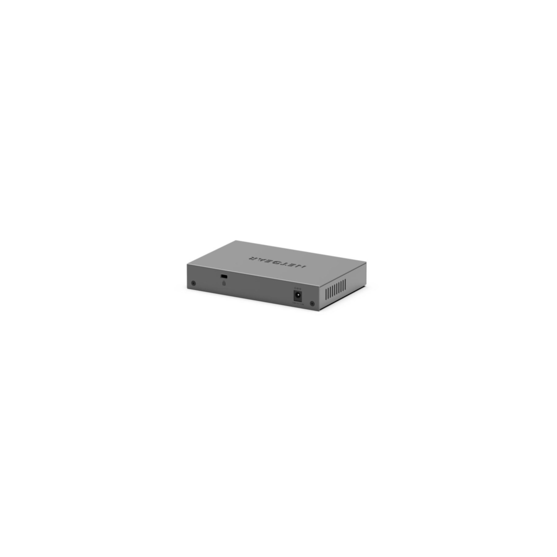 Uno switch di rete Netgear grigio su sfondo bianco. Il marchio è visibile.