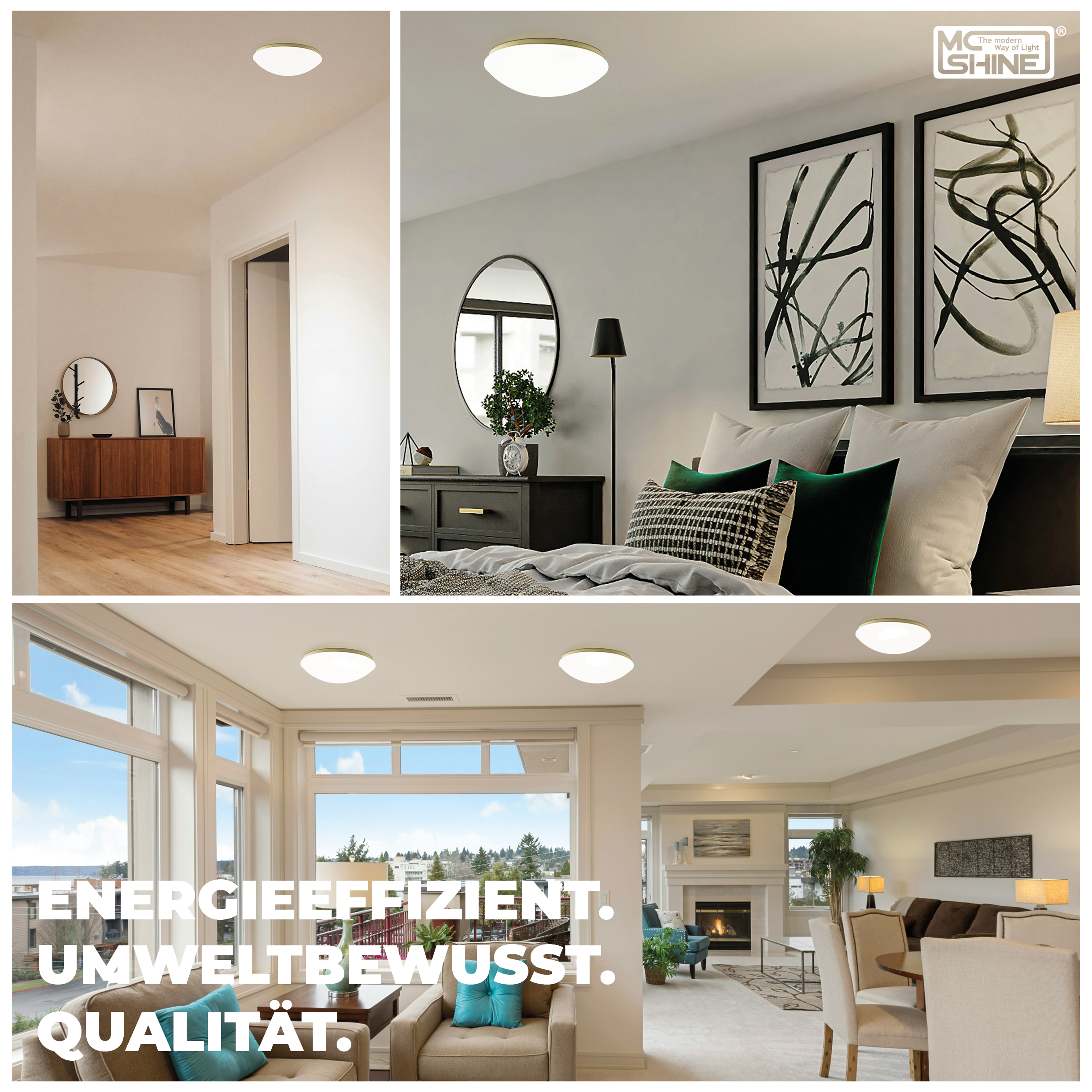 Eine Collage von Räumen mit Deckenleuchten. Text: energieeffizient, umweltbewusst, Qualität.
