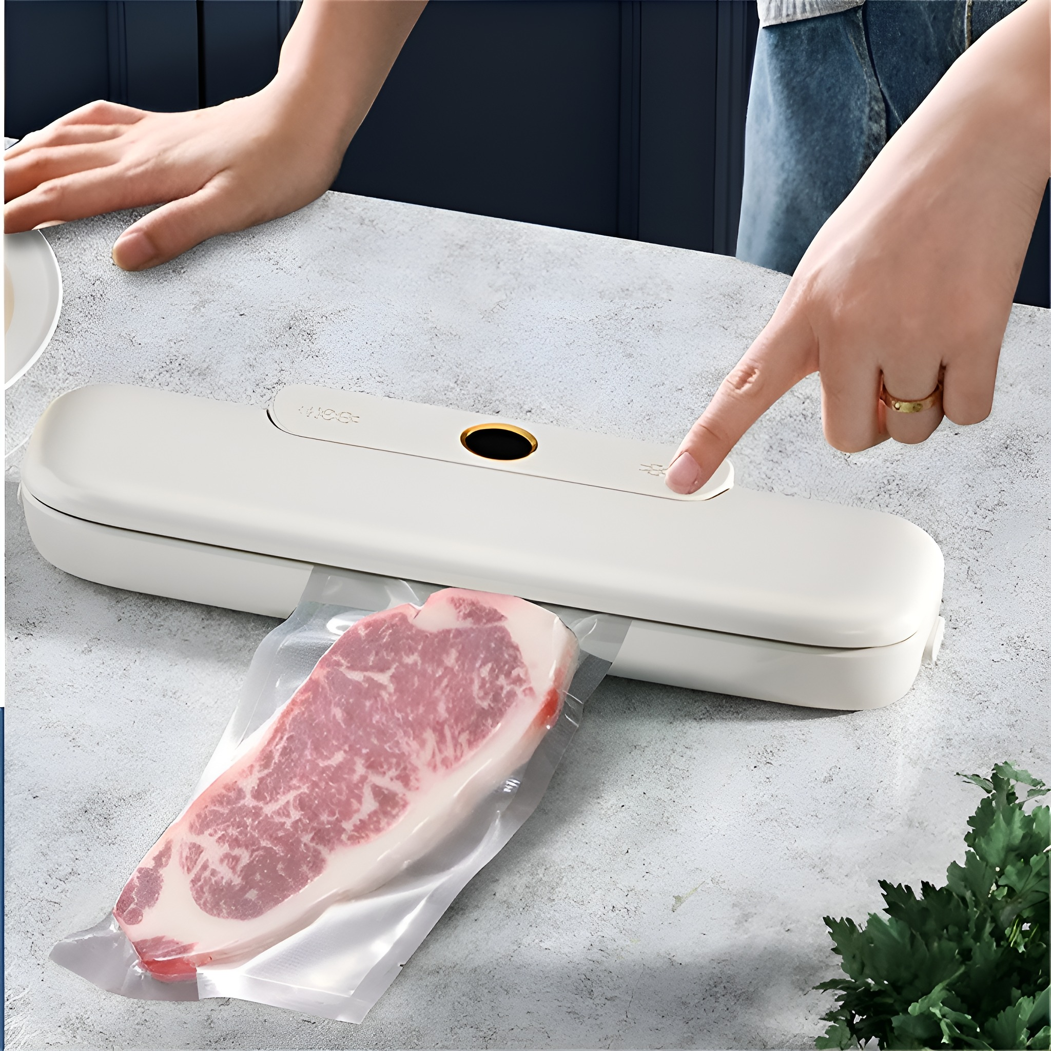 Eine Person, die ein Steak in einem Vakuumierer versiegelt, mit einer weißen Maschine und einer Marmorarbeitsplatte.