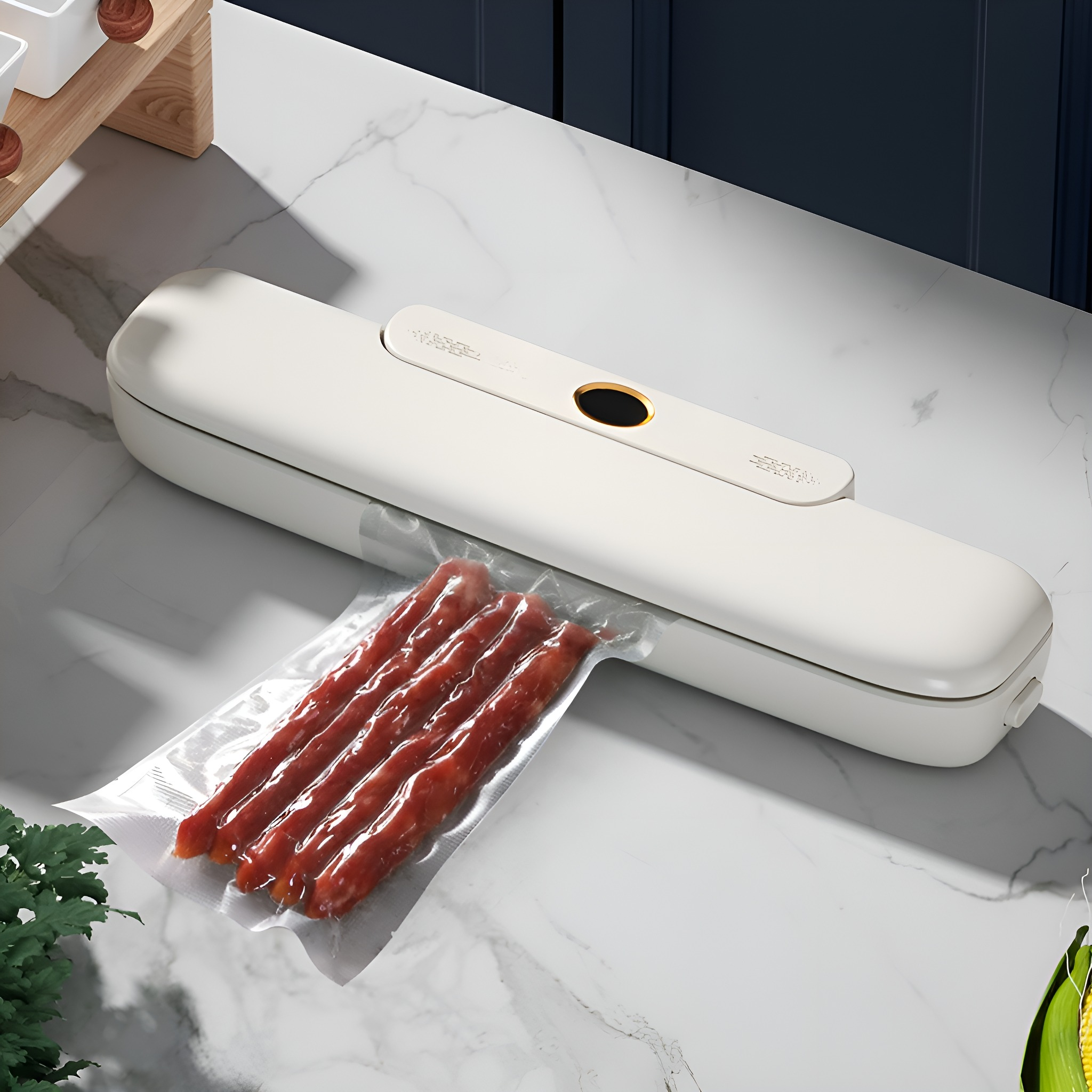 Weißer Vakuumierer mit einer Wurstpackung. Der Versiegler befindet sich auf einer Marmoroberfläche.