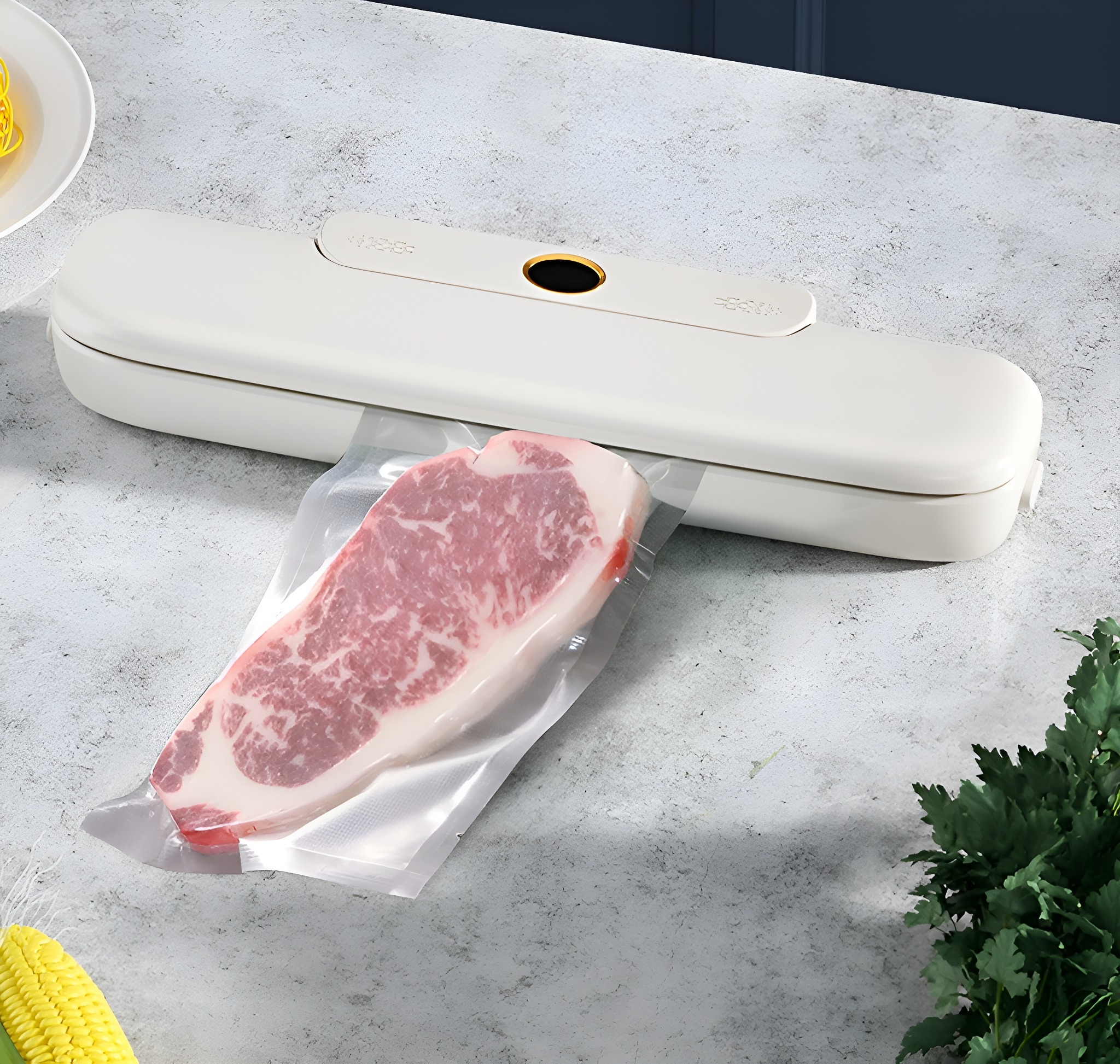 Vakuumiergerät mit Steak in einem Beutel, auf grauer Oberfläche mit Gemüse.