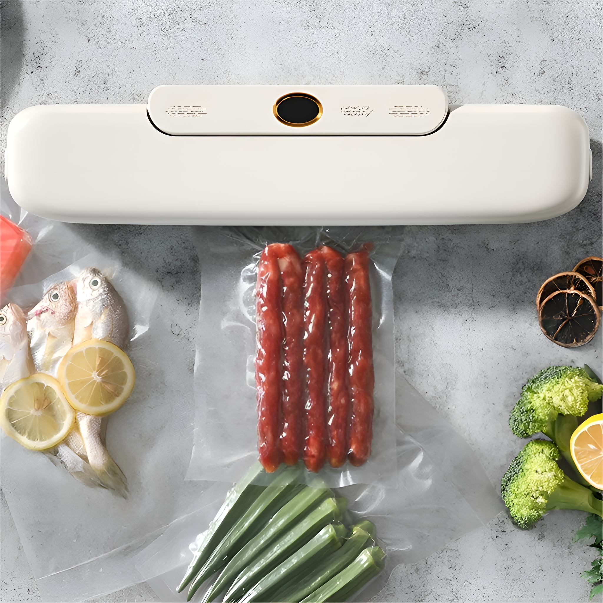 Vakuumierer mit Lebensmitteln. Enthält Würstchen, Fisch mit Zitronen und Gemüse.
