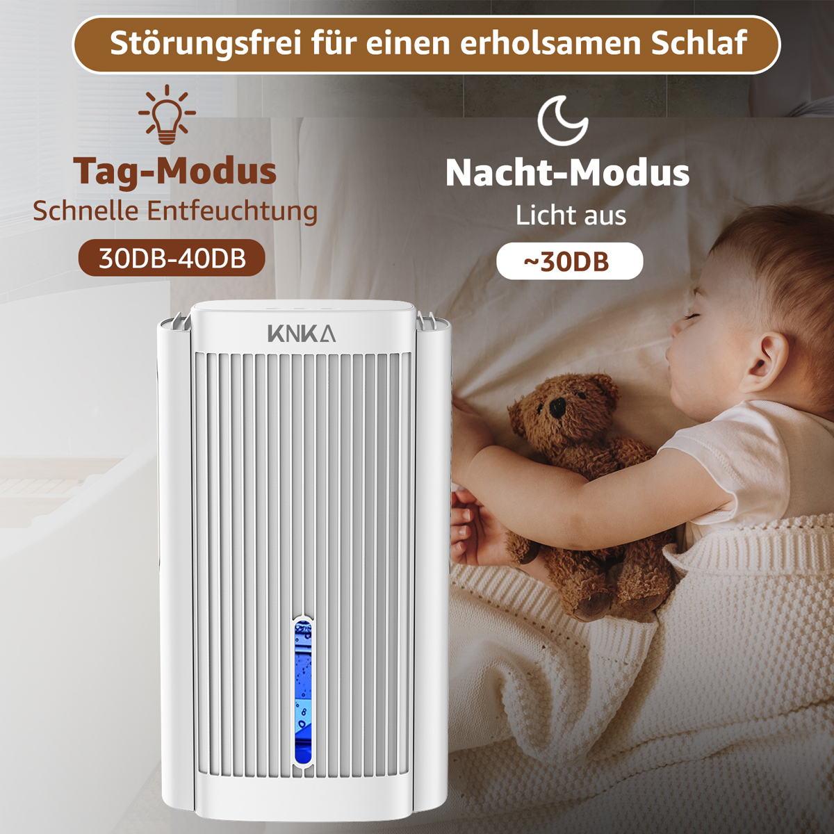 Weißer Luftentfeuchter mit Digitalanzeige und Baby, das mit einem Teddybären schläft.