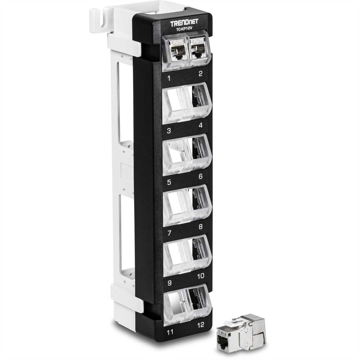 Panneau réseau noir et blanc avec ports RJ45 transparents et un RJ45 séparé.