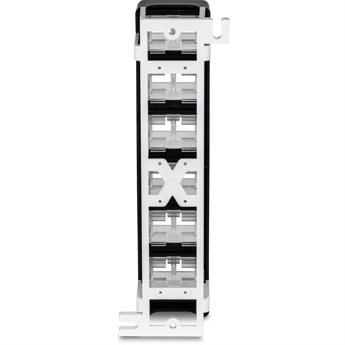 Connecteur blanc et noir avec plusieurs fentes, vue latérale.