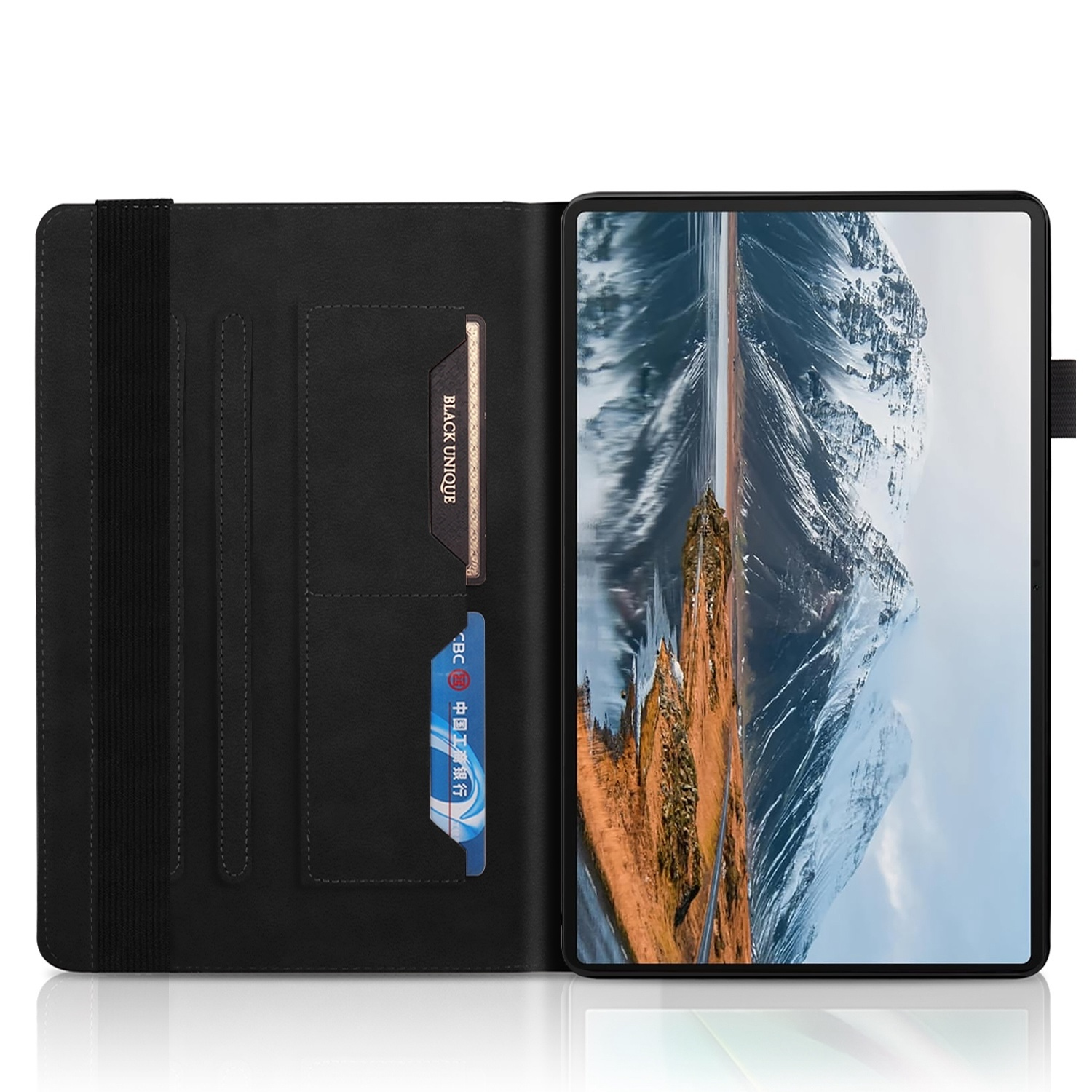 Funda negra para tableta con tarjetas y tableta con paisaje montañoso. Material similar al cuero negro.