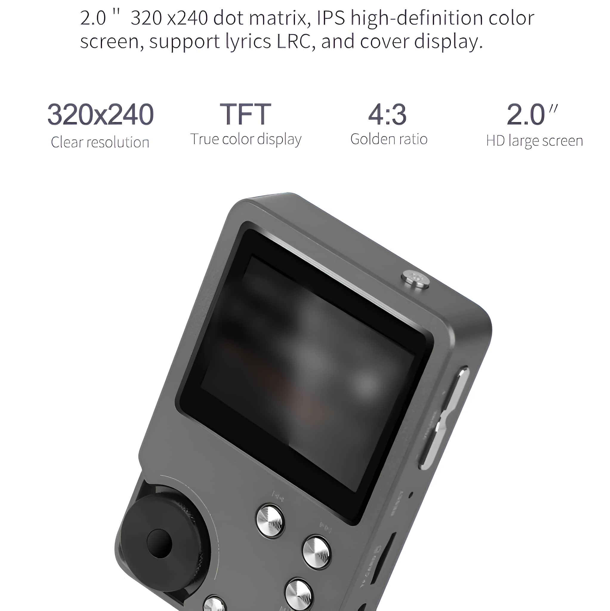 Ein grauer MP3-Player mit Bildschirm. Er hat Knöpfe und ein Rad zur Steuerung.