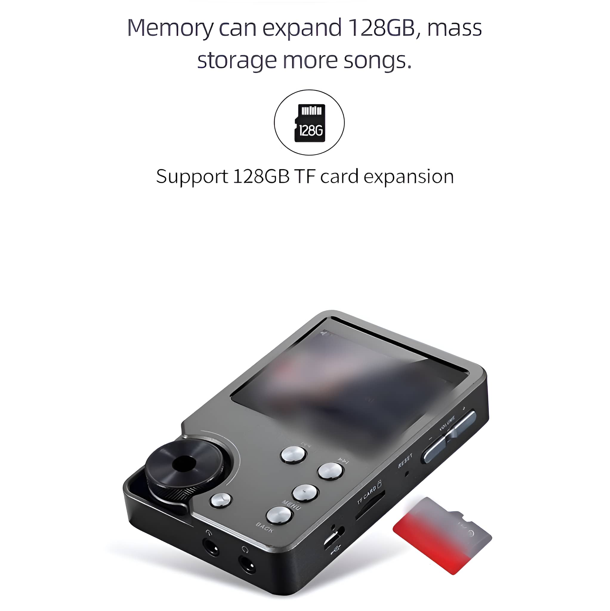 Ein grauer digitaler Musikplayer mit Bildschirm, Knöpfen, Lautstärkeregler und einer roten SD-Karte.