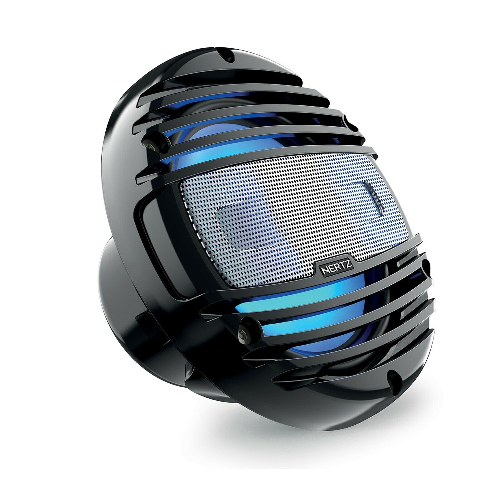 Schwarzer Lautsprecher mit blauen LED-Leuchten und Metallgitterfront, weiß.