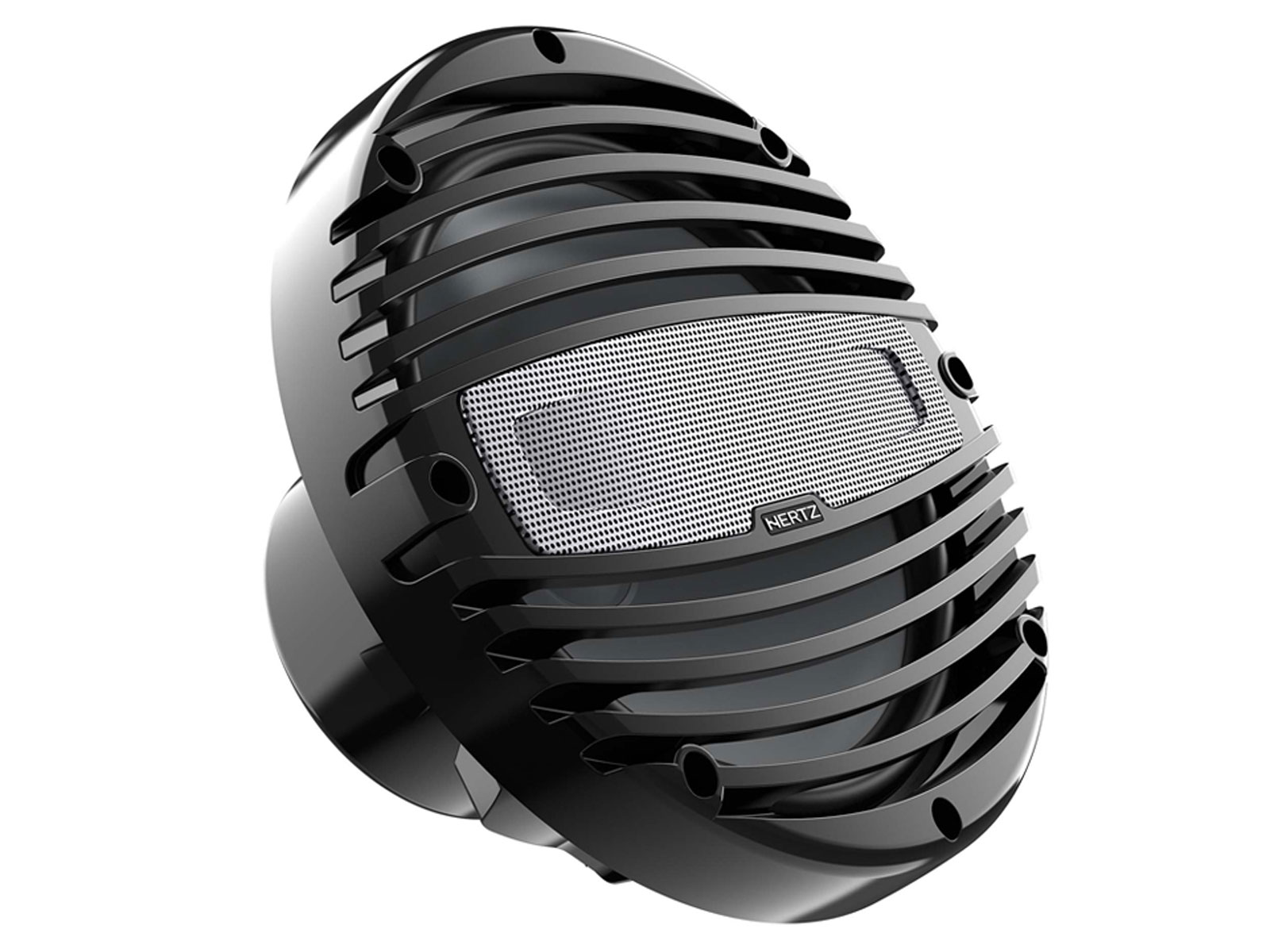 Schwarzer Lautsprecher mit abgerundeter Form und Grill. Text: Hertz.