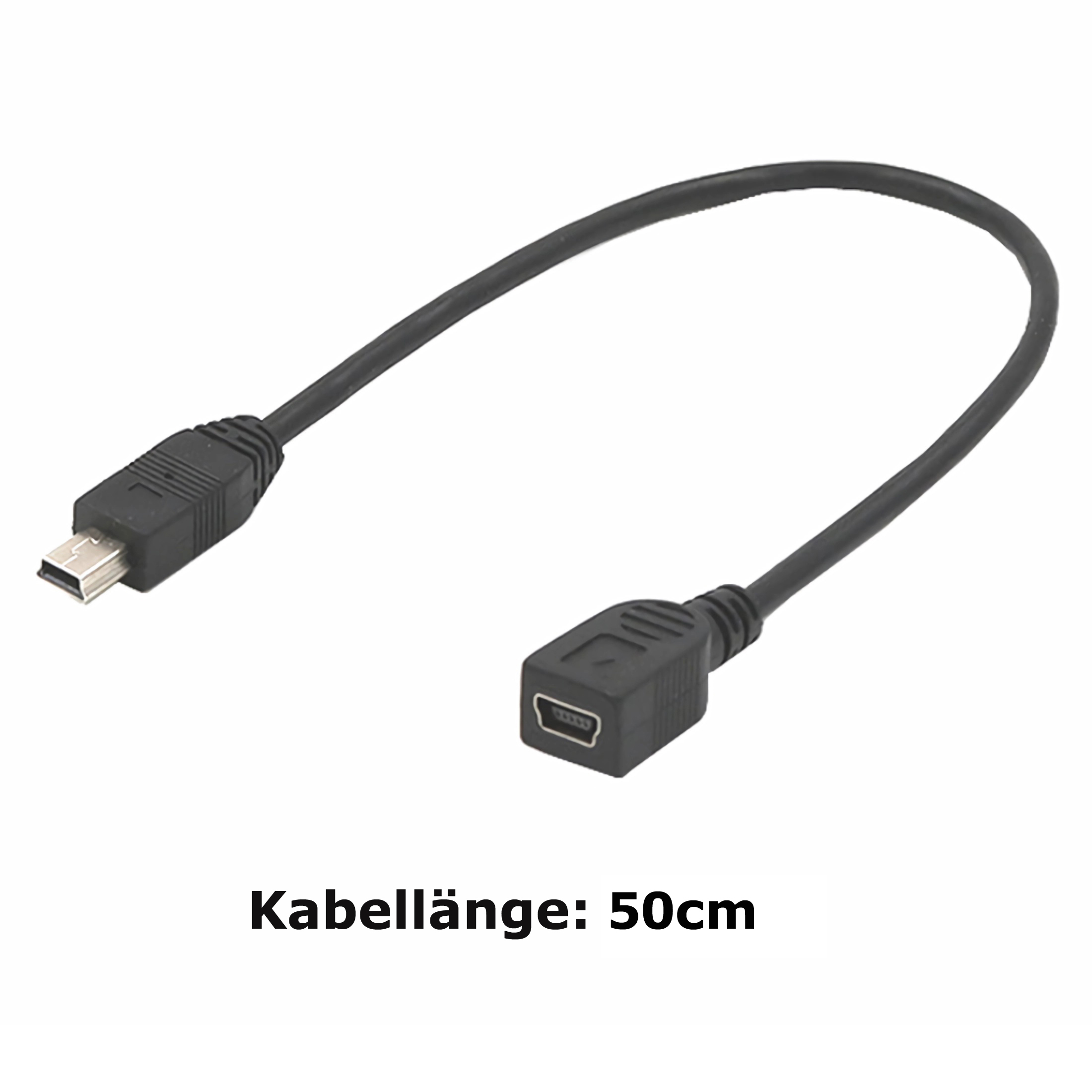 Schwarzes USB-Kabel mit Buchse und Stecker. Text: Kabellänge: 50cm.