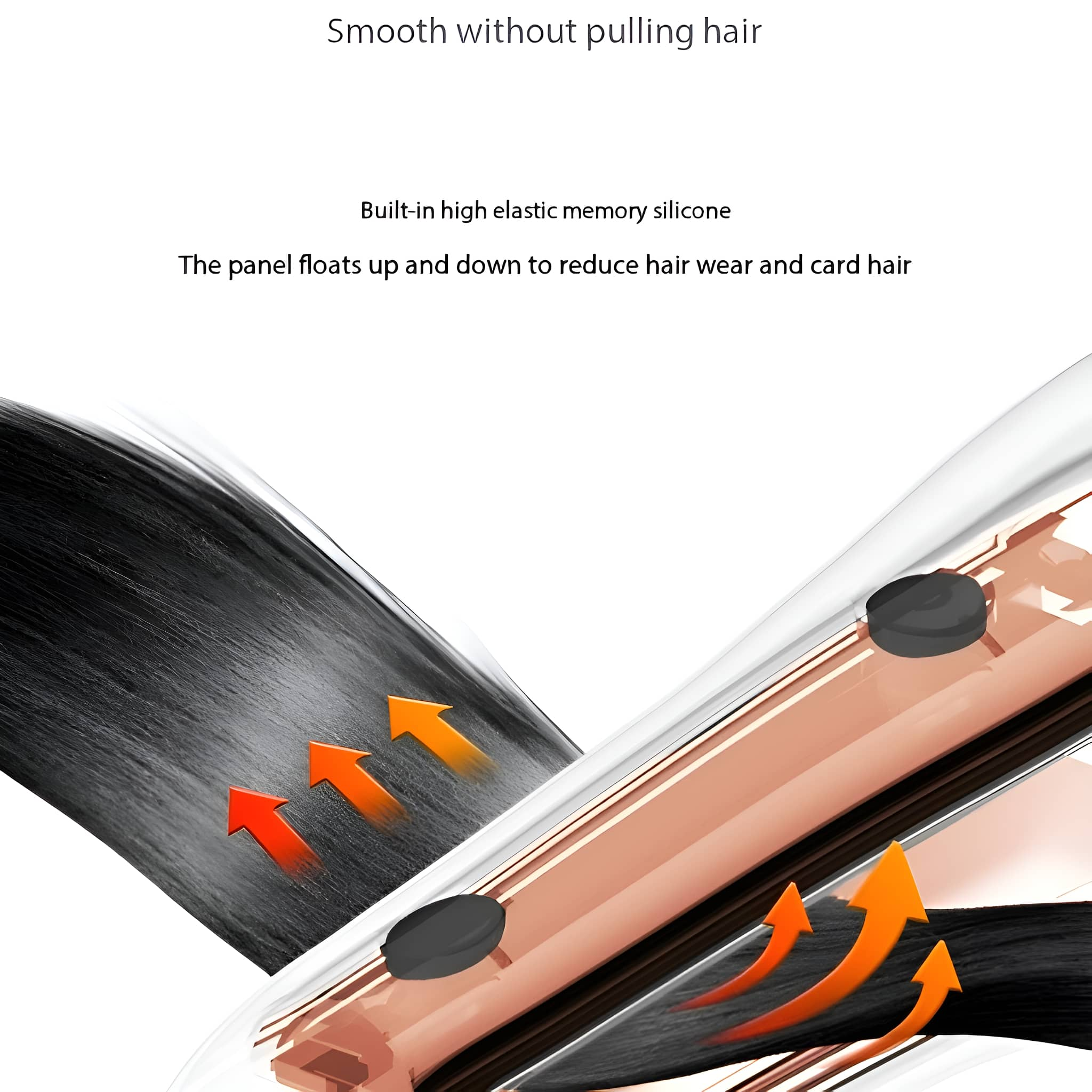 Haarglätter mit schwarzen Haarsträhnen und orangefarbenen Pfeilen, die das Glätten anzeigen.