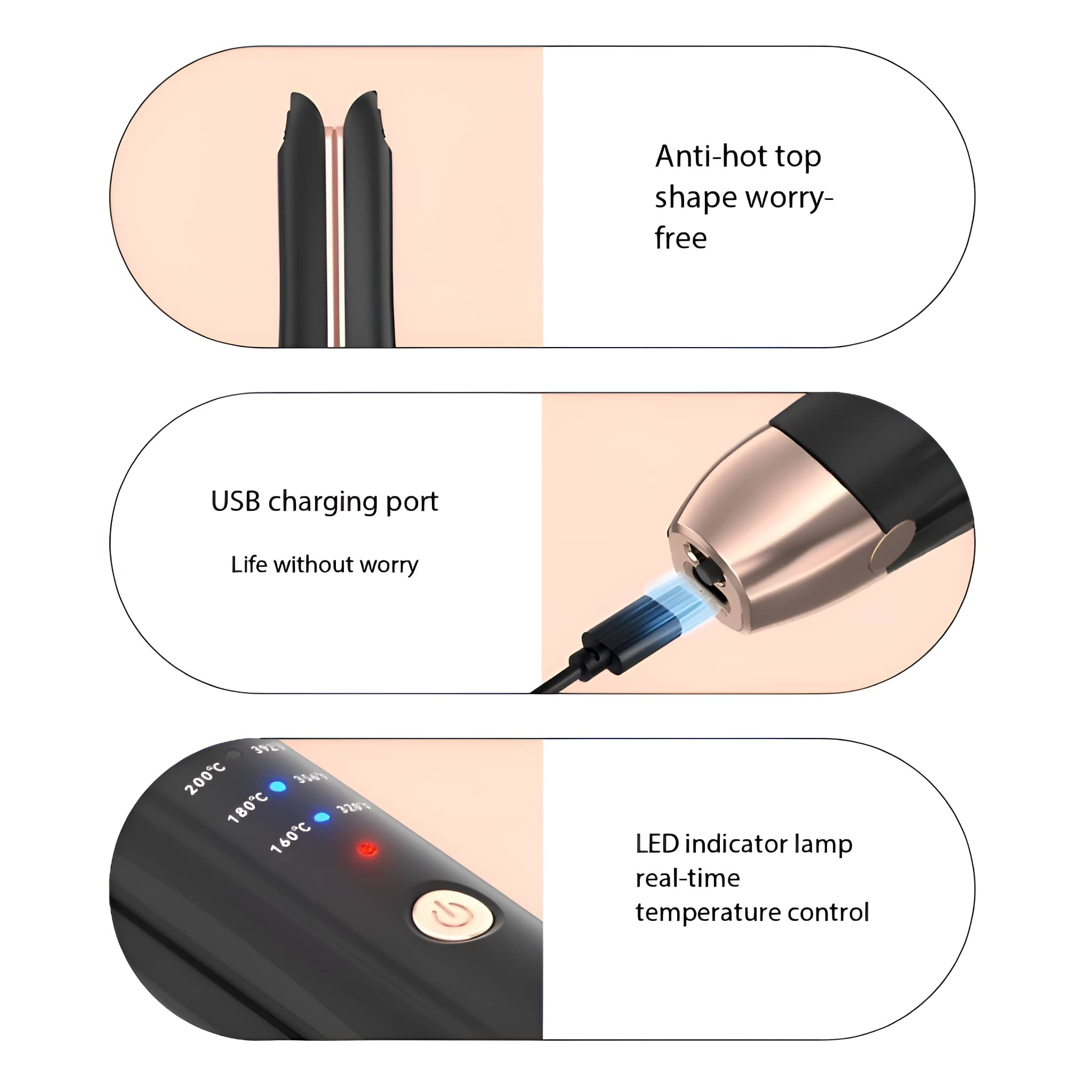 Diagramm eines Haarglätters, mit Anti-Hot-Top, USB-Ladeanschluss und LED-Temperaturregelung.