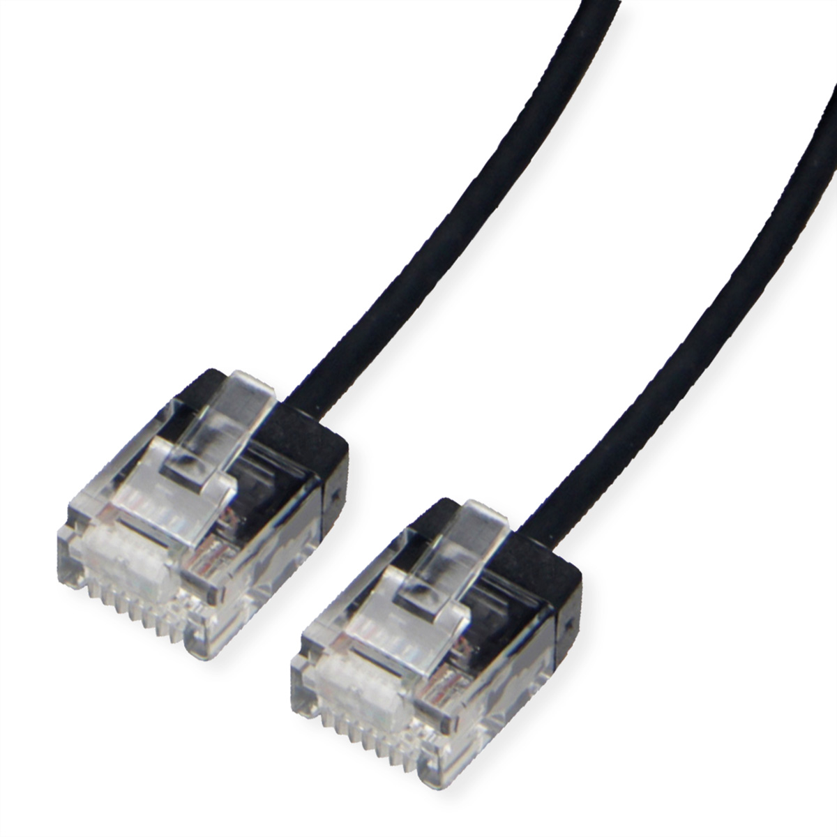 Twee zwarte Ethernet-kabels met transparante connectoren. De connectoren zijn zichtbaar.