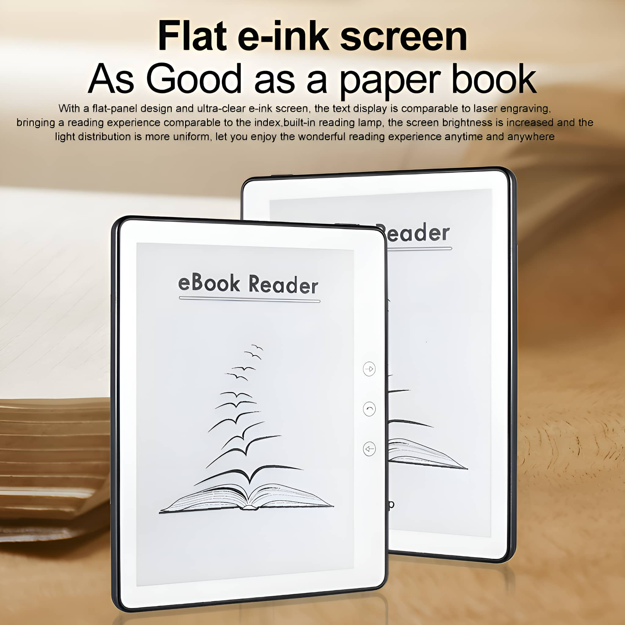 Zwei E-Reader mit Text, eine offene Buchillustration und Text über den E-Ink-Bildschirm.