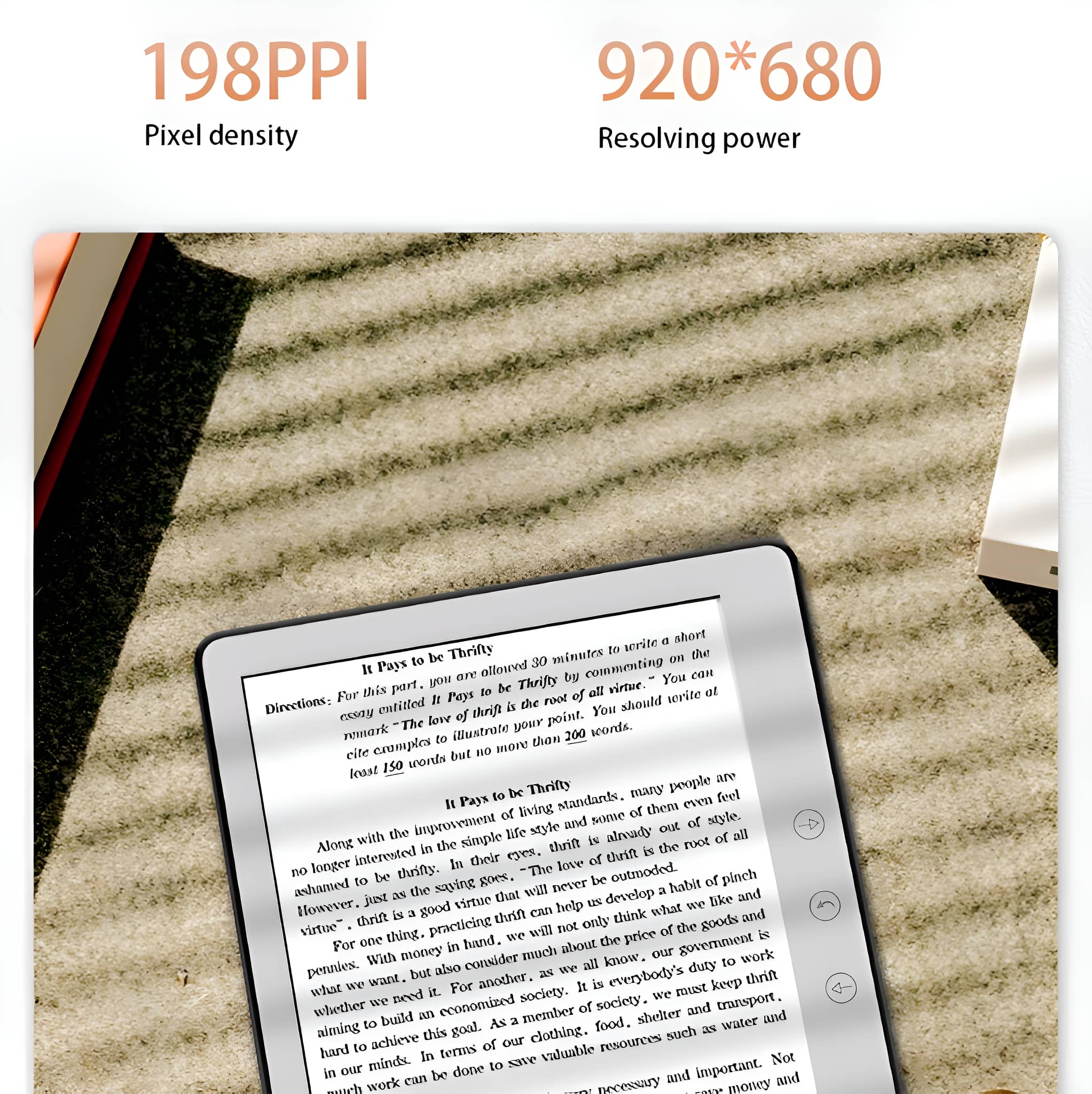 E-Reader mit Text. Oben links Text- und Auflösungsdetails.