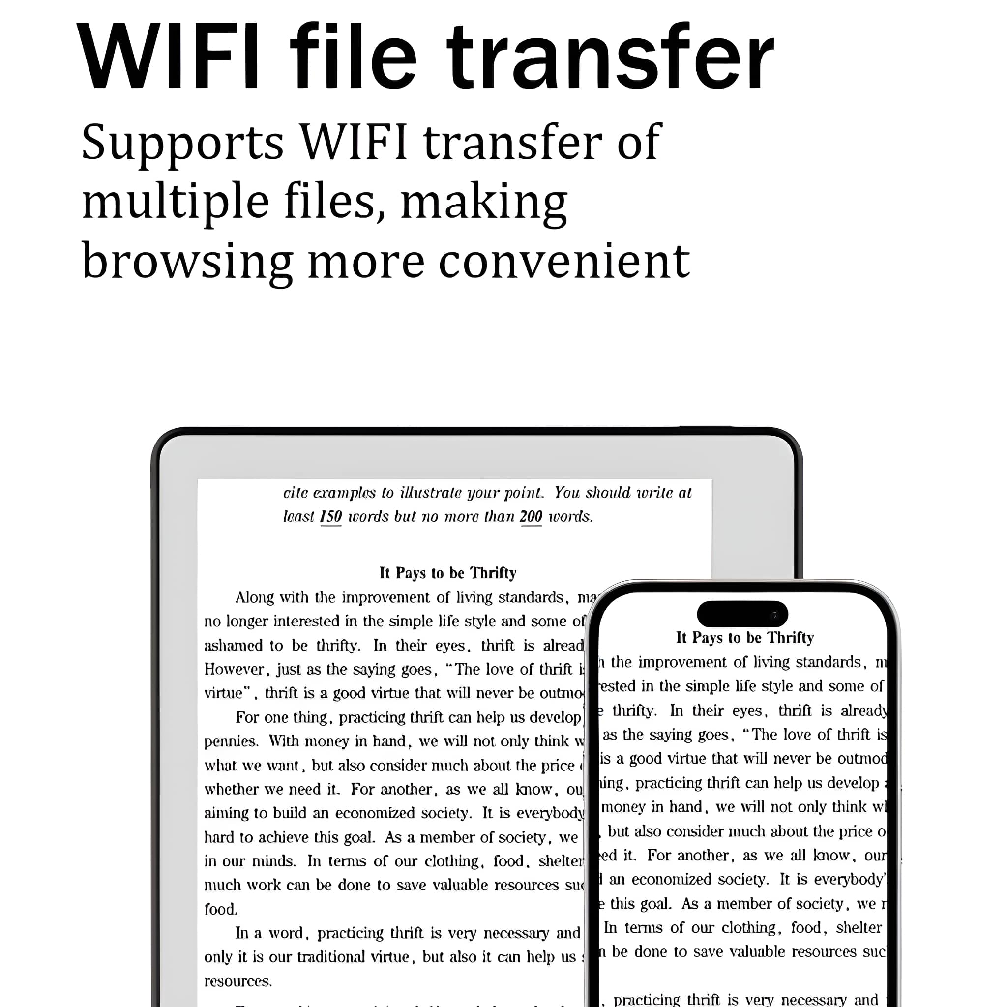 Ein Tablet und ein Telefon, die Text anzeigen. Der Text lautet: 'It Pays to be Thrifty'. Der Text steht auf weißem Grund.